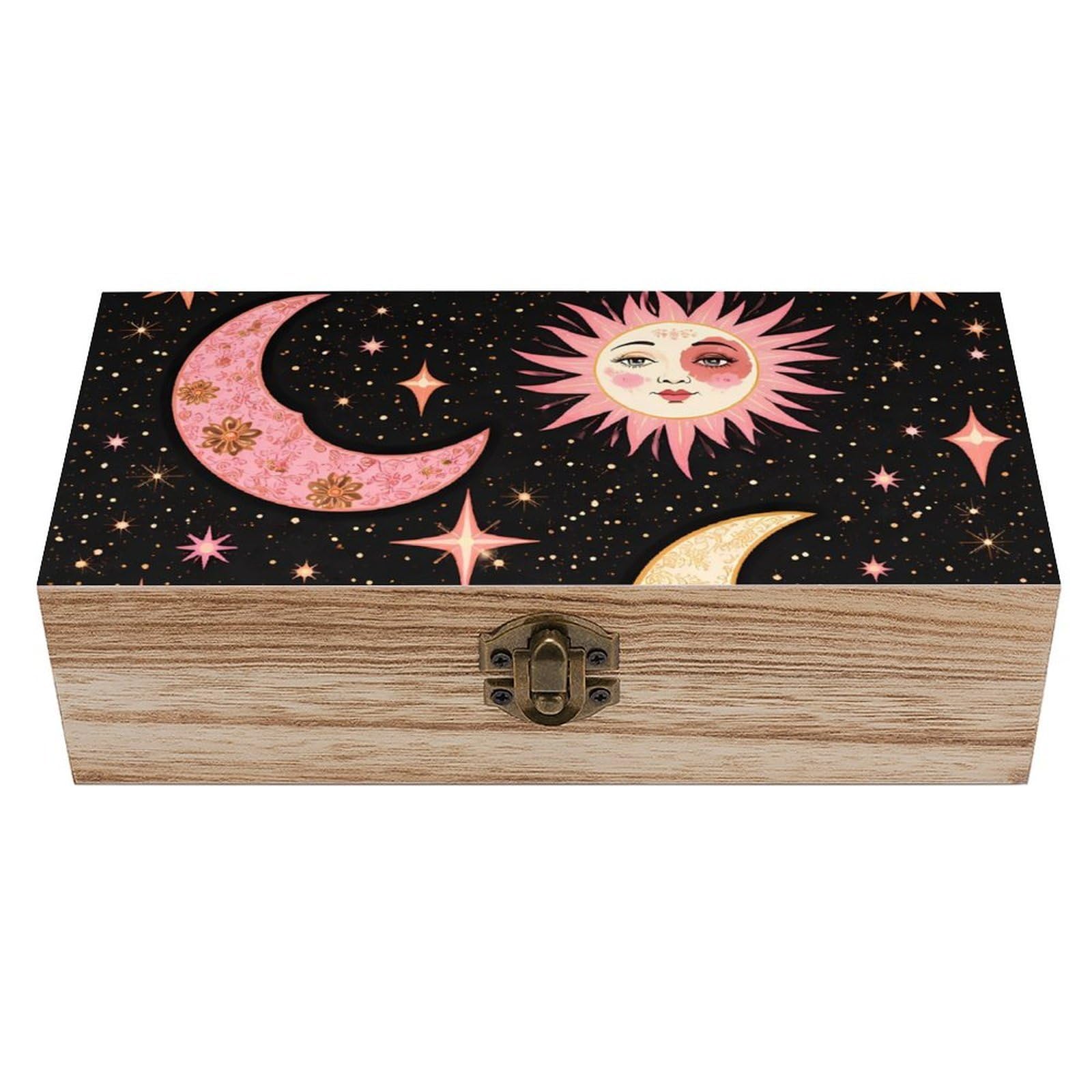 SMAZDFXX Moon And Sun Wooden Storage Box With Hinged Lid Decorative Front Clasp Keepsake Boxes