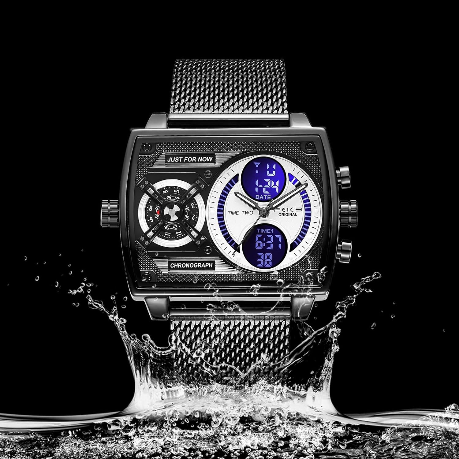 FEICE Mens Square Qaurtz Watches-Big Face Two Time Zone, Waterproof Chronograph, Alarm, Date, Stainless Steel Band Digital Analog Watch for Men