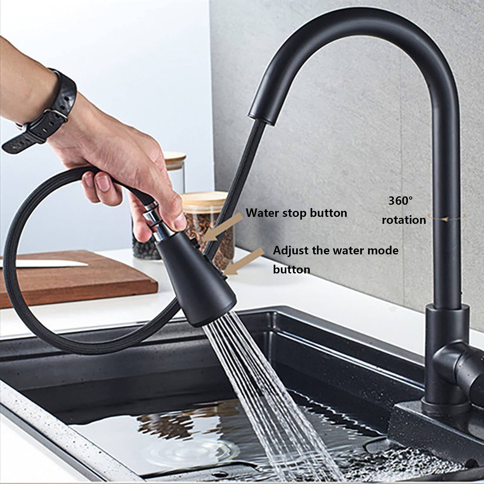 Grifo de Cocina con Sensor táctil Inteligente y rociador extraíble, Monomando de Acero Inoxidable 304, Control de Agua Caliente y fría, 2 Modos de Flujo, Color Plata cepillada (Negro A)
