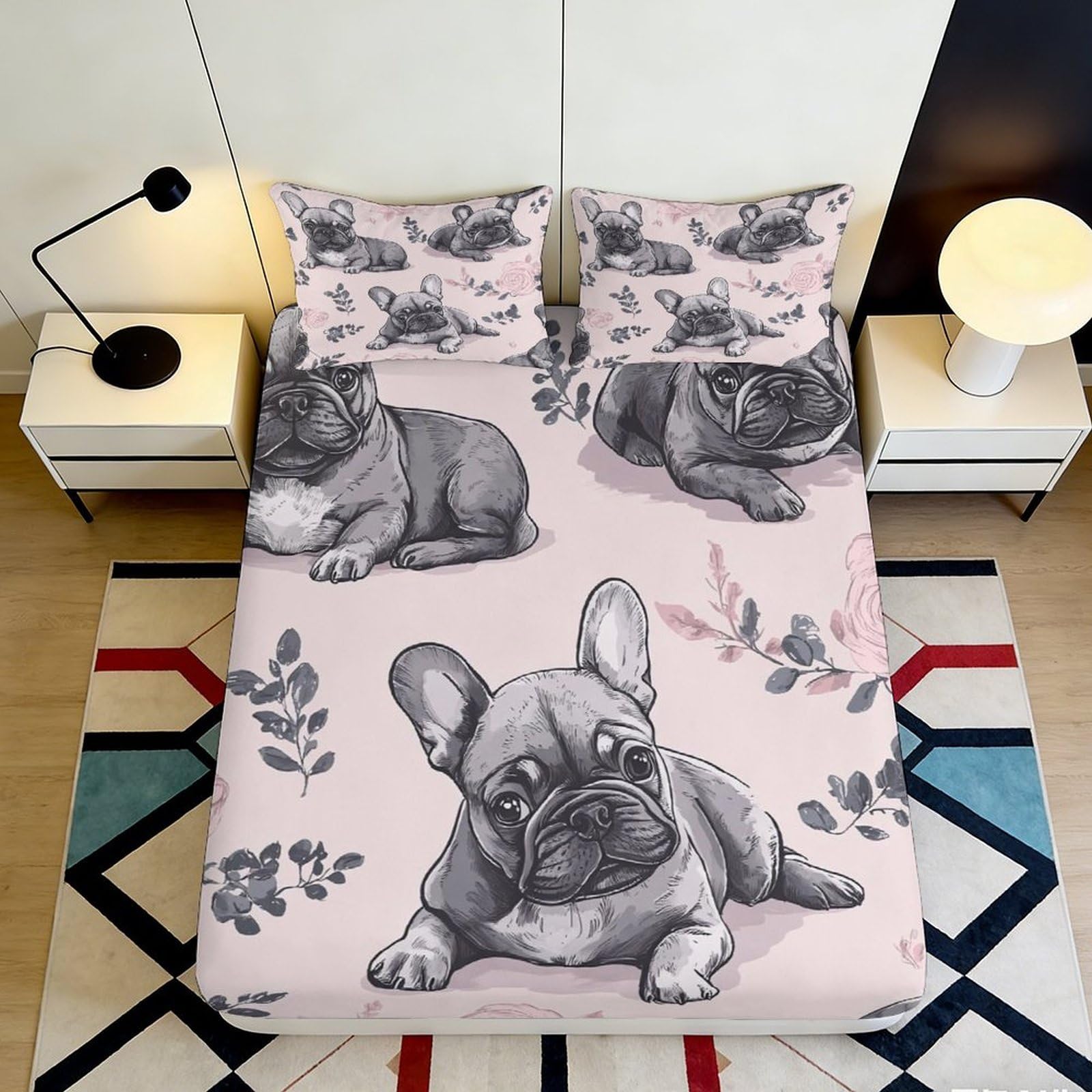 3D Printed French Bulldog Fitted Sheet Microfiber Soft Pink Cartoon Puppy Bed Cover for Bedroom Dorm Mattress Protection Decor 140x200x25cm