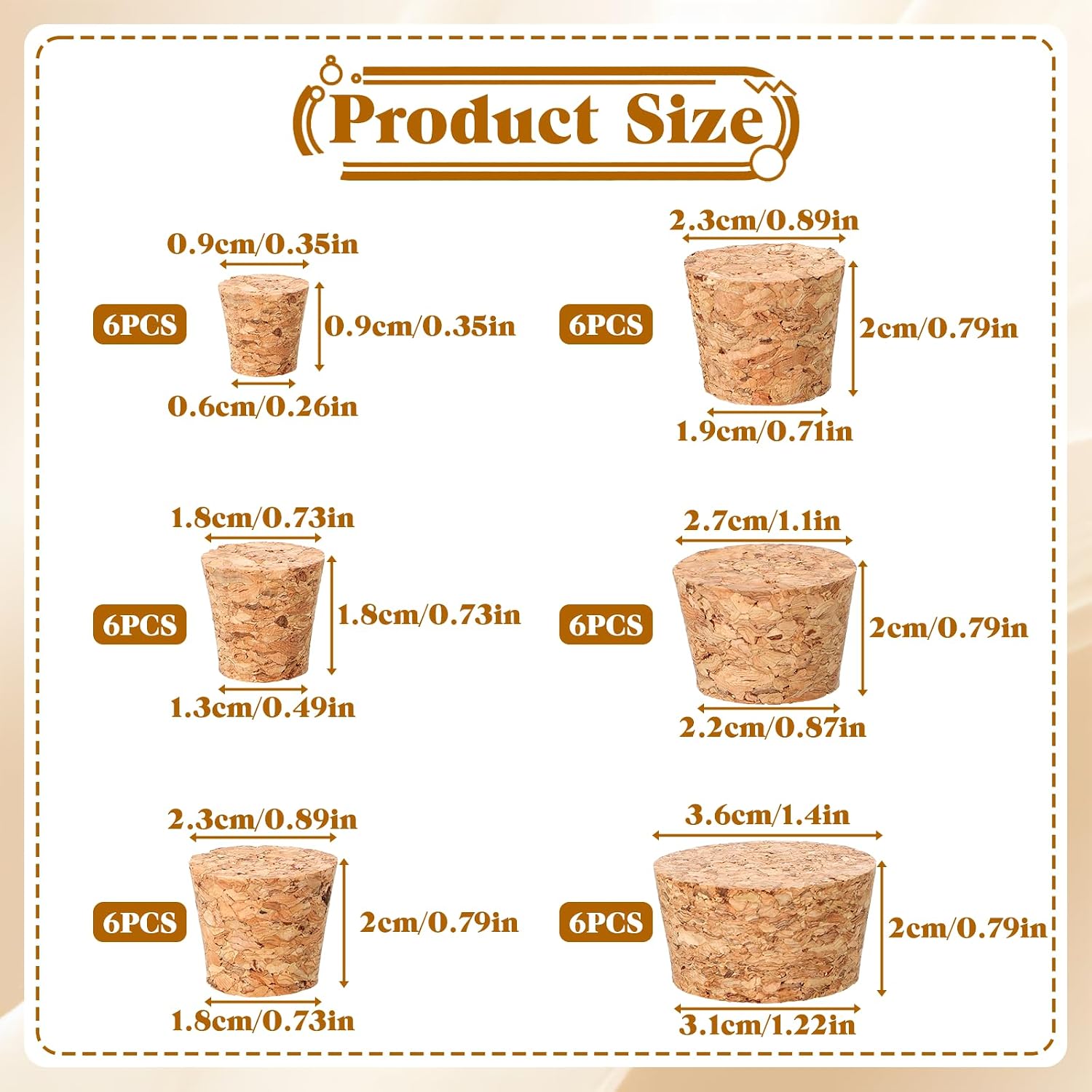 36 PCS Natural Cork Stoppers for Glass Bottles, Small Cork Plugs with 6 Sizes, Soft Wood Tapered Corks for Crafts Salt Pepper Wine Bottles Laboratory DIY Projects, Airtight Sealing