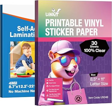 Uinkit 100% Clear Sticker Paper 30 sheets& 4mil Thicker Self-Adhesive Laminating Sheets- Letter Size 8.5"x11"