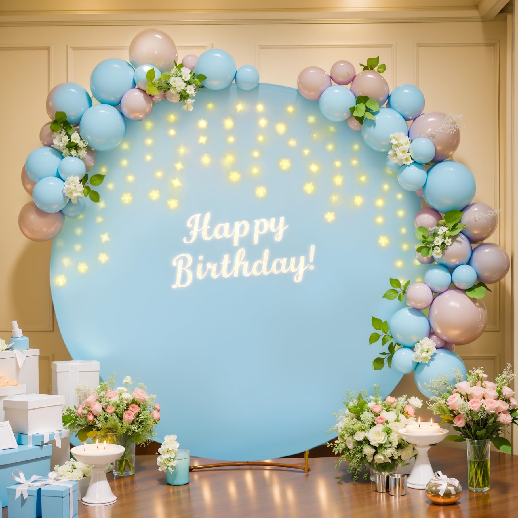 7.2 FT Baby Blue Round Backdrop Cover with Lights String for Circle Arch Stand, Circle Backdrop Covers with LED Fairy Lights for Wedding Baby Shower