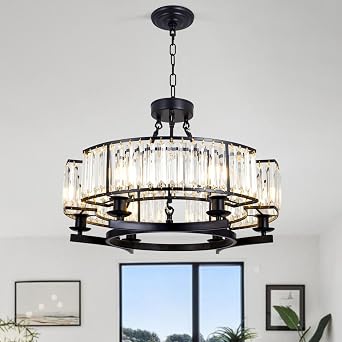 Vintage Crystal Chandelier Black Crystal Round Chandeliers with 6 Lights Hanging Light Fixture Semi Flush Mount Height Adjustable Pendant Lighting for Living Room Dining Room Farmhouse