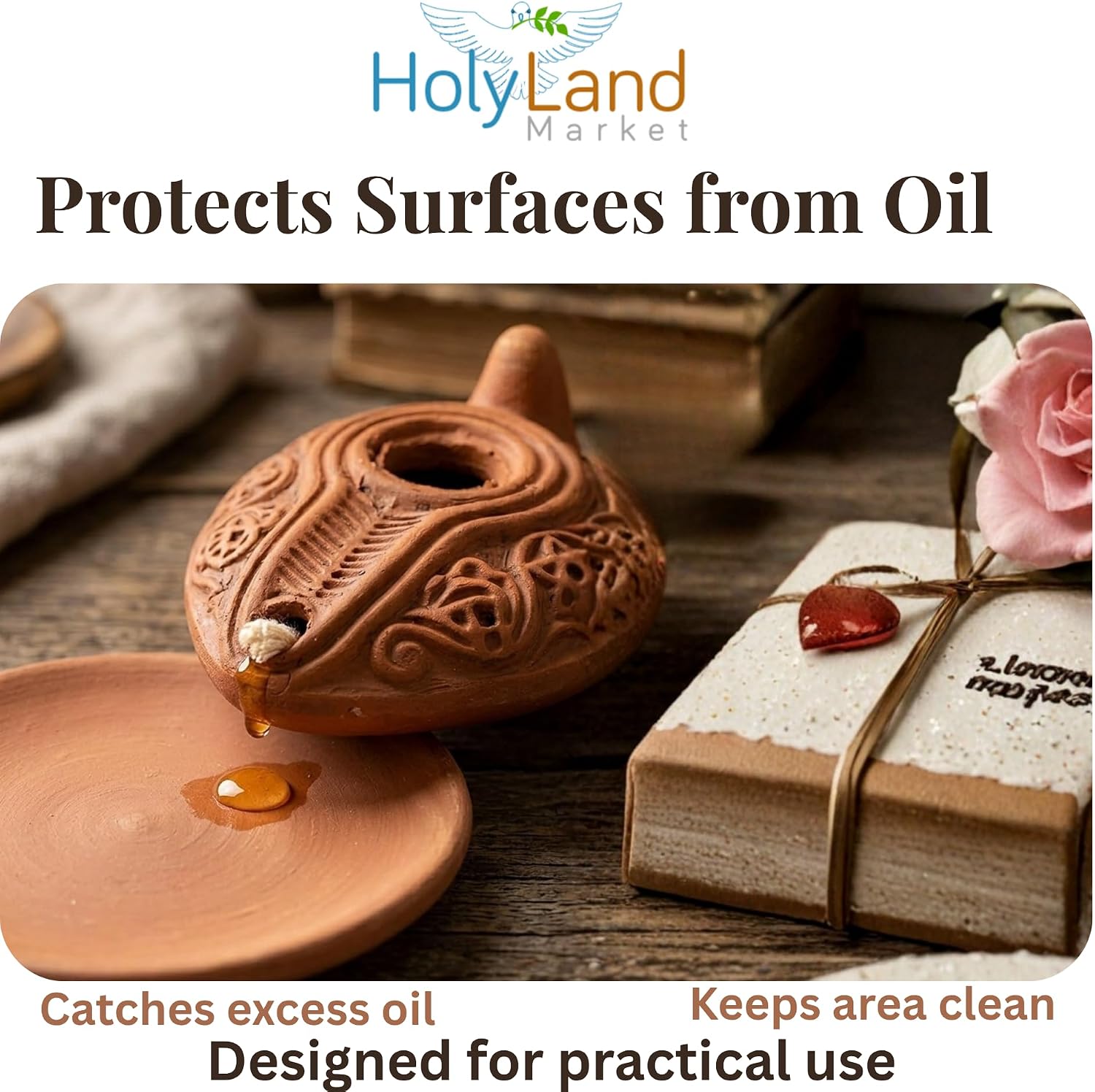 Authentic Clay Oil Lamp with Plate & Biblical Card – Handmade Biblical Style Earthenware Lamp with Wick – Christian Prayer, Anointing & Faith Gift – Holy Land Inspired Décor by Holy Land Market