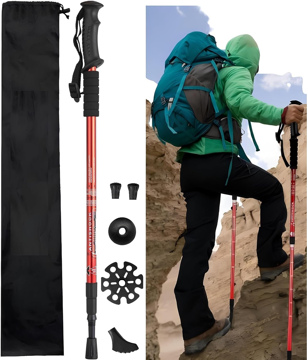 LEXSO Hiking Trekking Poles, Collapsible, Lightweight, Anti Shock, Walking Stick with Carry Bag