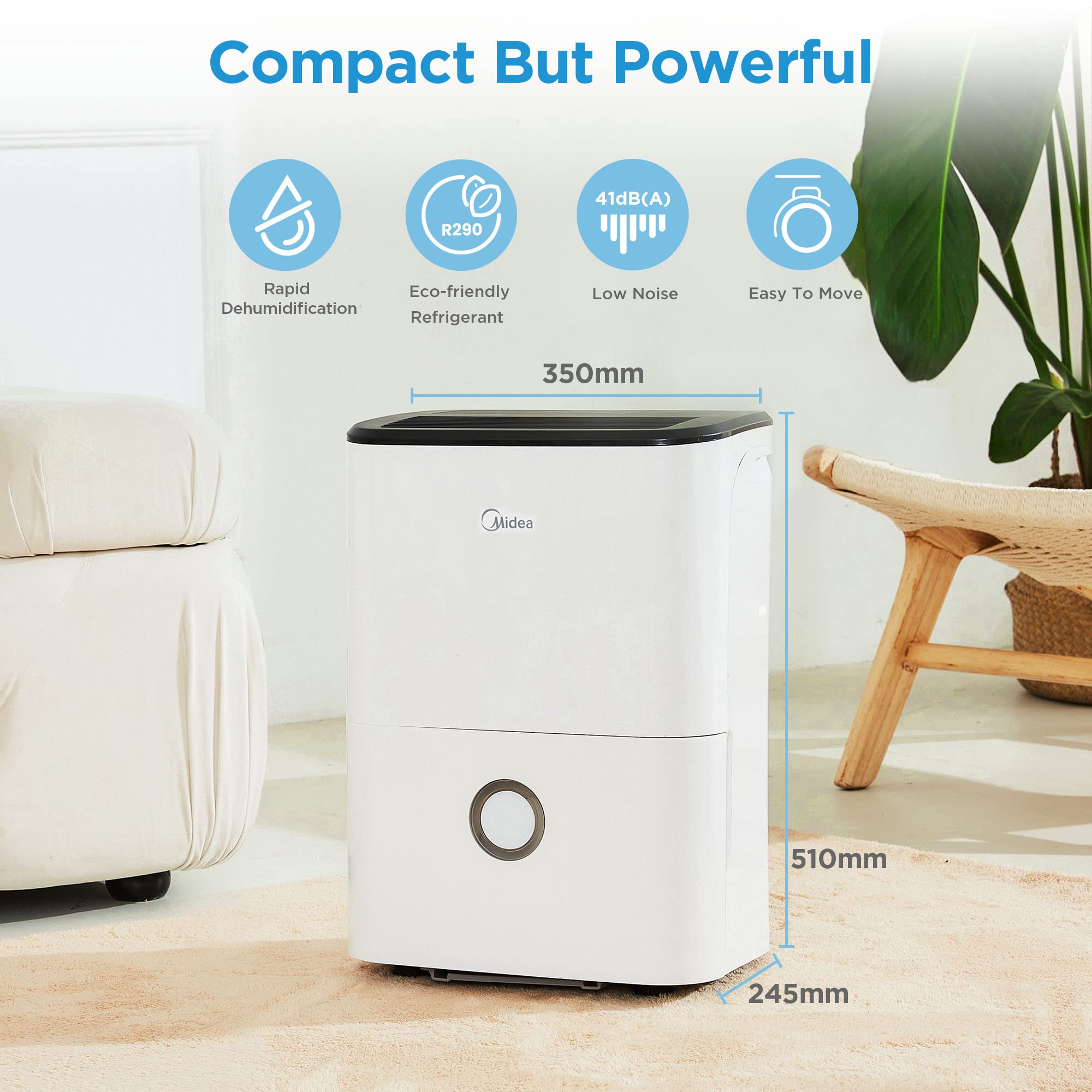 Midea Luftentfeuchter, 20L/24h, Raumgröße ca.100m³(40m²), DF-20DEN7-WF, APP-fähig, 24H Timer, Wassertank 3L, Weiß