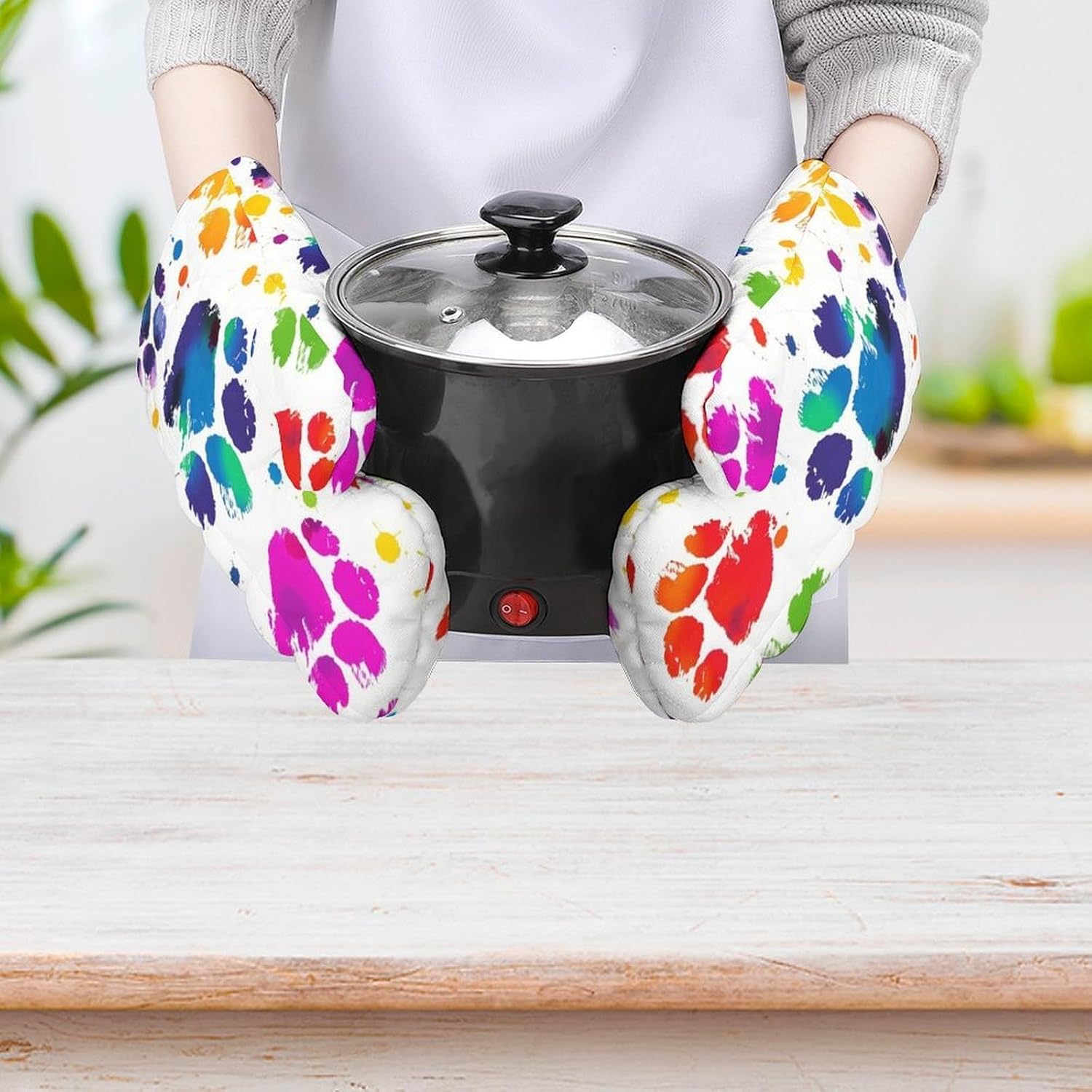 2 Pcs Oven Mitts Heat Resistant Kitchen Gloves Soft Safety Colorful Dog Paw Print Oven Glove for Microwave, Barbecue