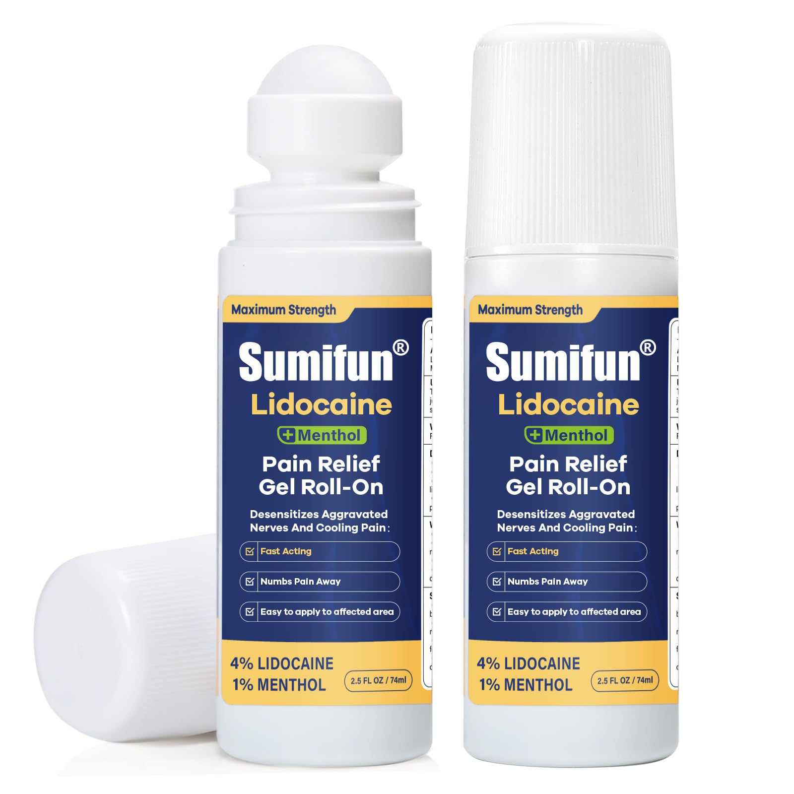 Sumifun 4% Lidocaine Numbing Cream with Menthol – Maximum Strength Roll-On for Joint & Muscle Pain Relief – Non-Greasy, Quick-Dry Formula (2.5 Fl Oz