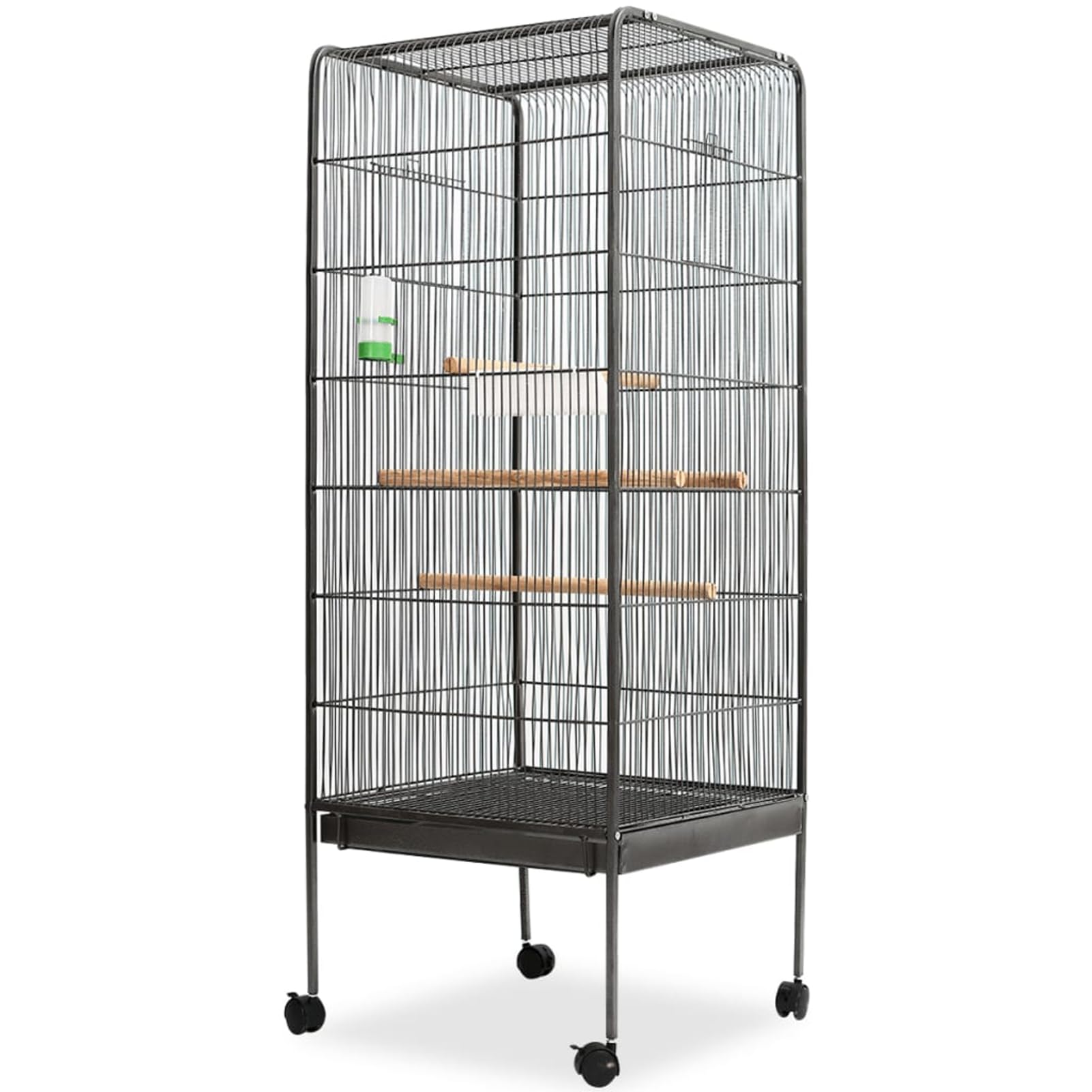 Homgoday Vogelkäfig Schwarz 54x54x146 cm Stahl mit Holzstangen, großer Voliere für Vögel mit Futterschale und Wasserspender, Vogelhaus mit Rollen für Innenbereich 170408