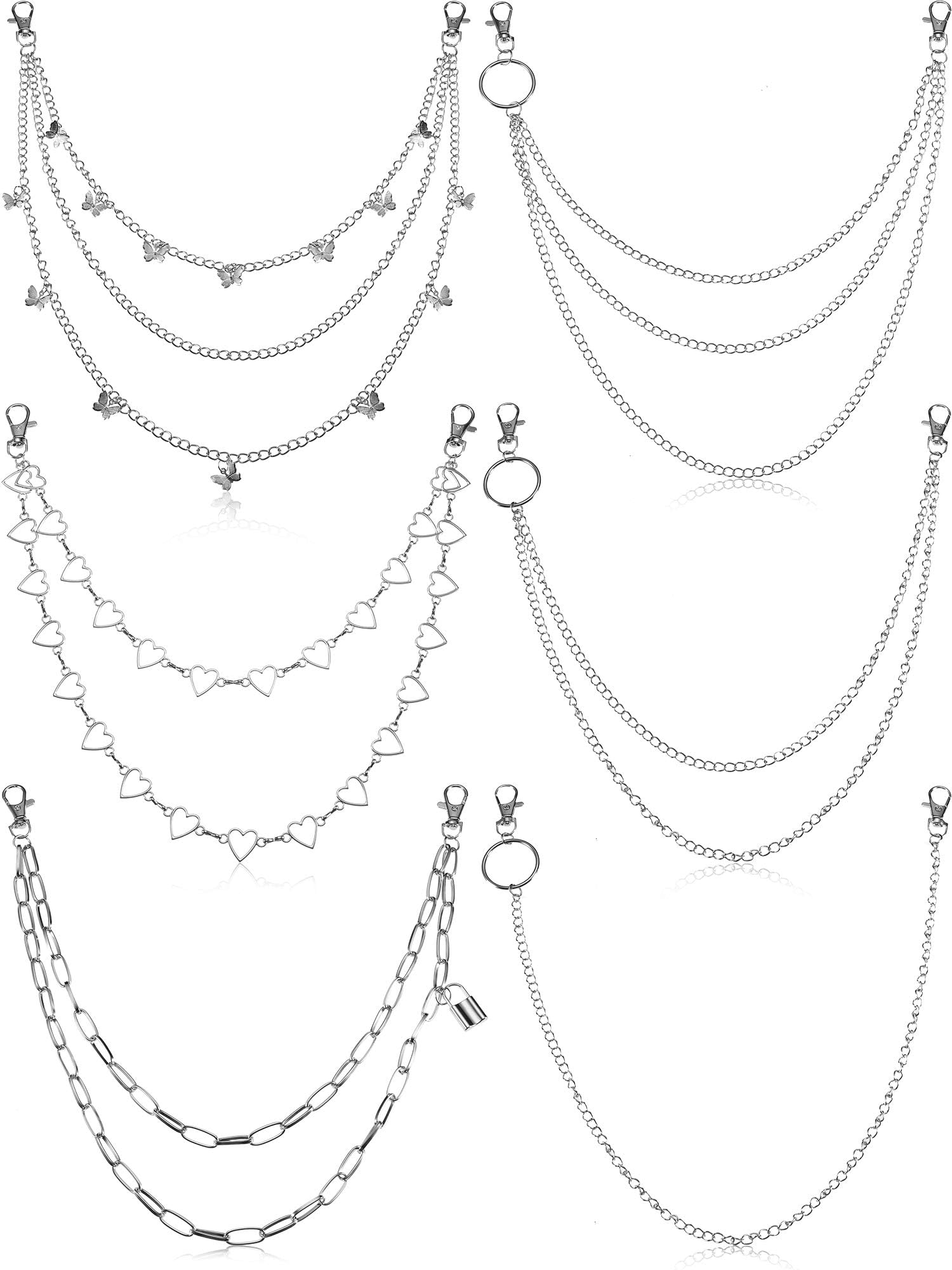 Hicarer6 Pieces Chain Belt Jeans Pants Chain Goth Multi Layer Chains Heart Butterfly Lock Charm Waist Chain Wallet Chain Pocket Chain for Women Men Girls