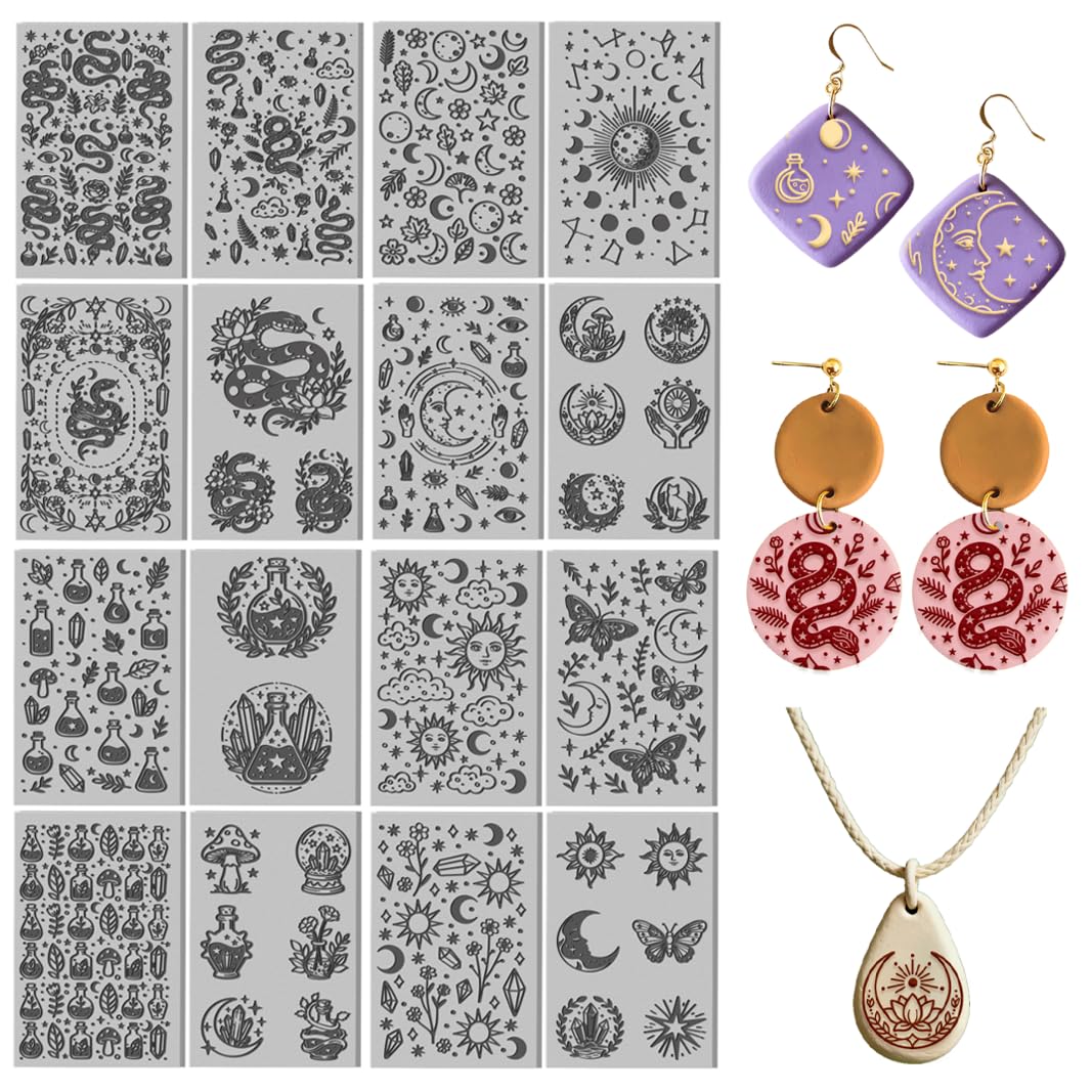 16 Sheets 16 Styles Divination Series Polymer Clay Texture Mat Mysterious Moon Clay Modeling Pattern Pad Moth Plant Texture Sheets for Making Earrings Jewerly Tools, 4×2.6 inch