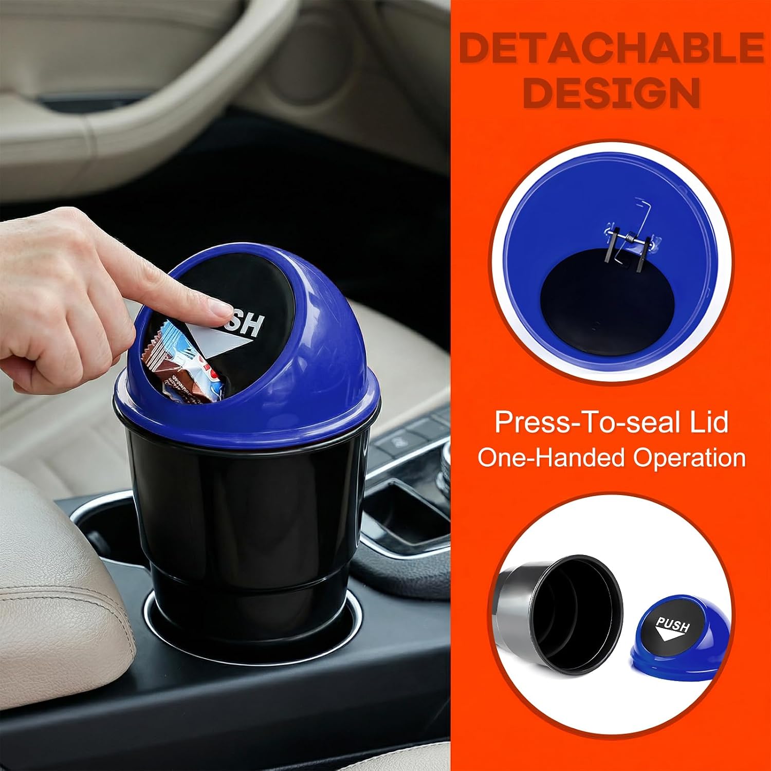 Cup Holder Trash Can for Car, Leakproof Vehicle Back Seat Garbage Can Mini Portable Trash Bin with Lid, Universal Smellproof Cup Holder Garbage Bin for Cars Trucks SUVs (Blue) image 3