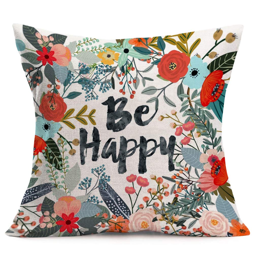 ShareJ Beautiful Colorful Flowers Decorative Pillow Covers Cotton Linen Be Happy Pattern Decor for Farmhouse Home Sofa Simple Throw Pillow Case Motivational Quote Cushion Cover 18x18 Inches (BE HAPPY)