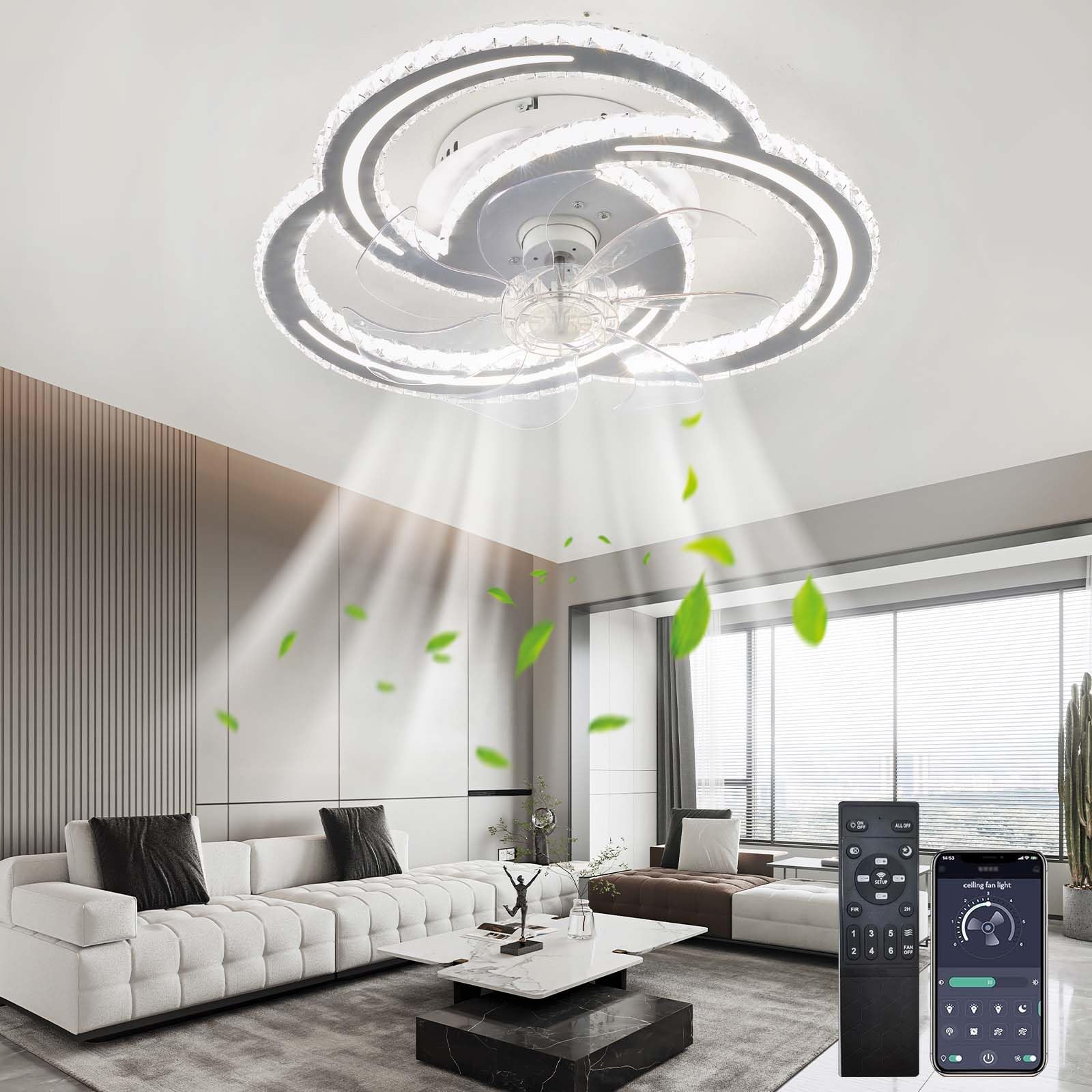 SXDMOUBK Modern 54CM Crystal Ceiling Fan with Remote 6 Speeds Dimmable LED Lights Silent Reversible B Timer - Perfect for Bedroom & Living Room 42W Energy Efficient Design