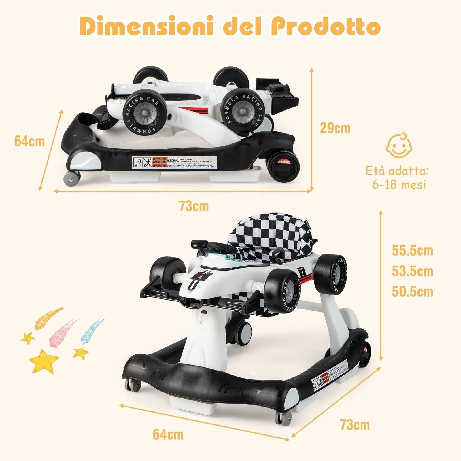 GYMAX Girello per Bambini 4 in 1 a Spinta, Girello Primi Passi Pieghevole con Altezza e Velocità Regolabile, con Luci e Suoni per Bambini 6-18 Mesi, Portata 12 kg, 73 x 64 x 55,5 cm (bianco)