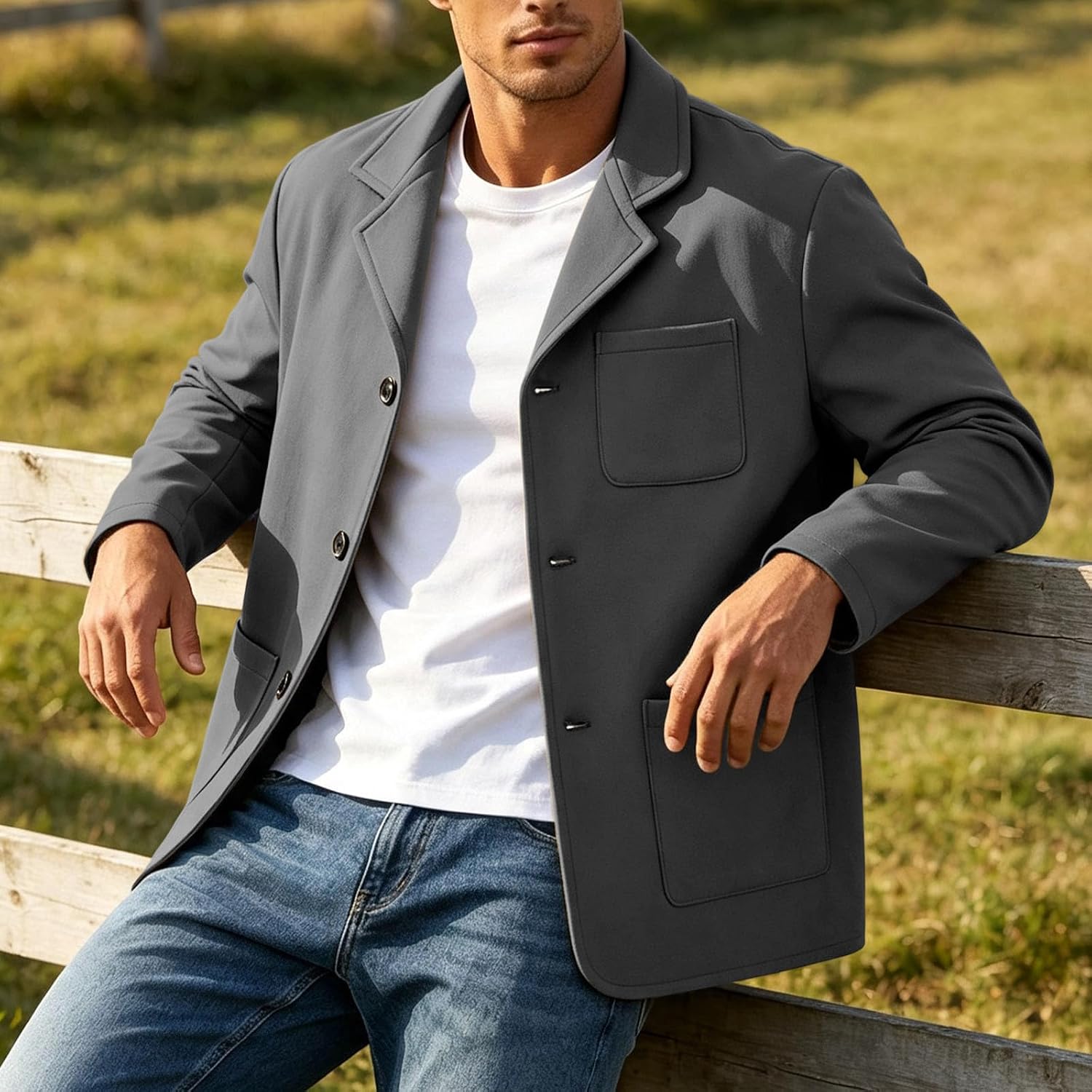 Mens Button Front Blazer Notch Lapel Long Sleeve Casual Suit Jacket
