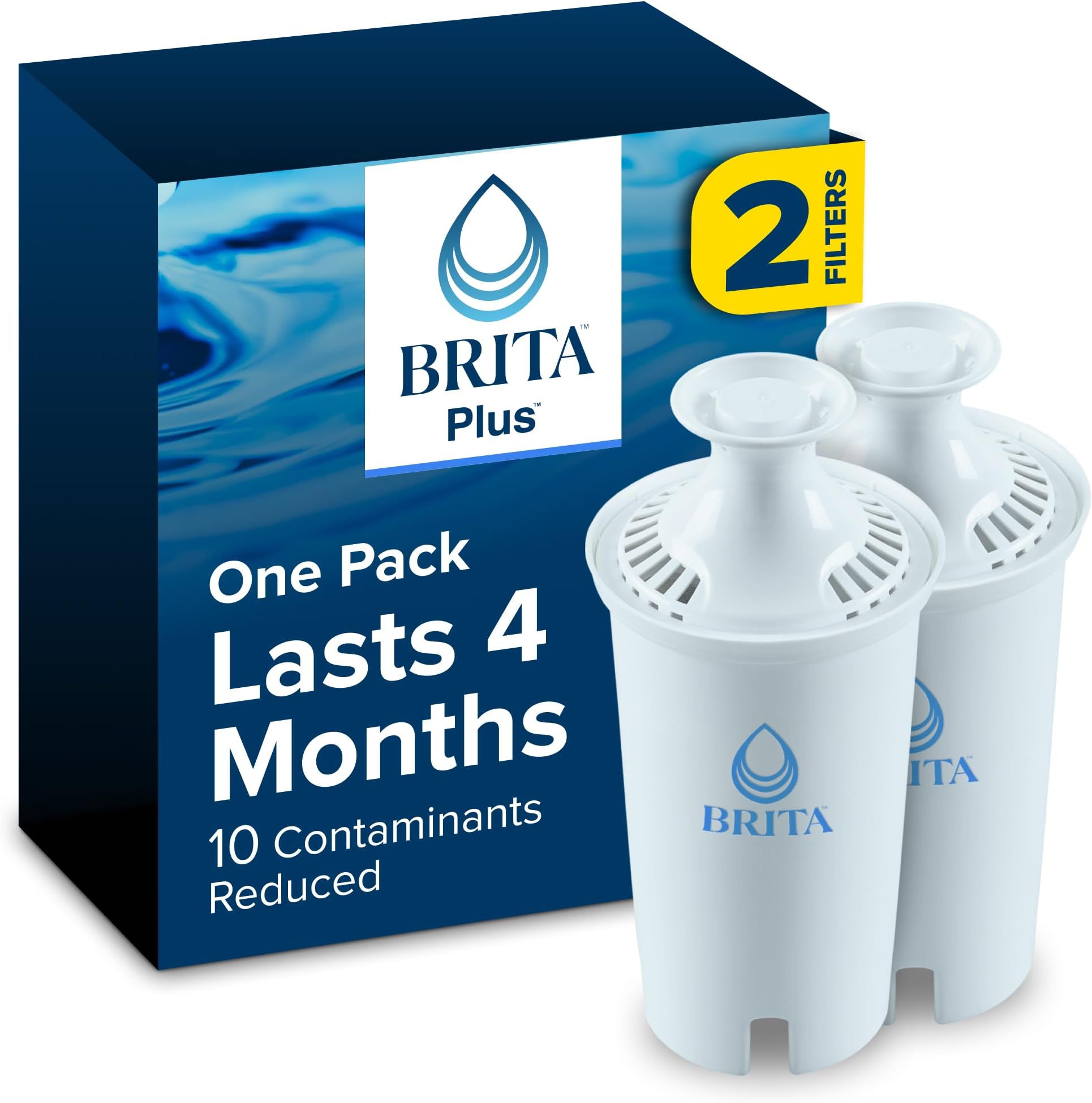 Brita Plus Water Filter, BPA-Free, High-Density Replacement Filter for Pitchers and Dispensers, Reduces 2x Contaminants*, Lasts Two Months or 40 Gallons, Includes 2 Filters
