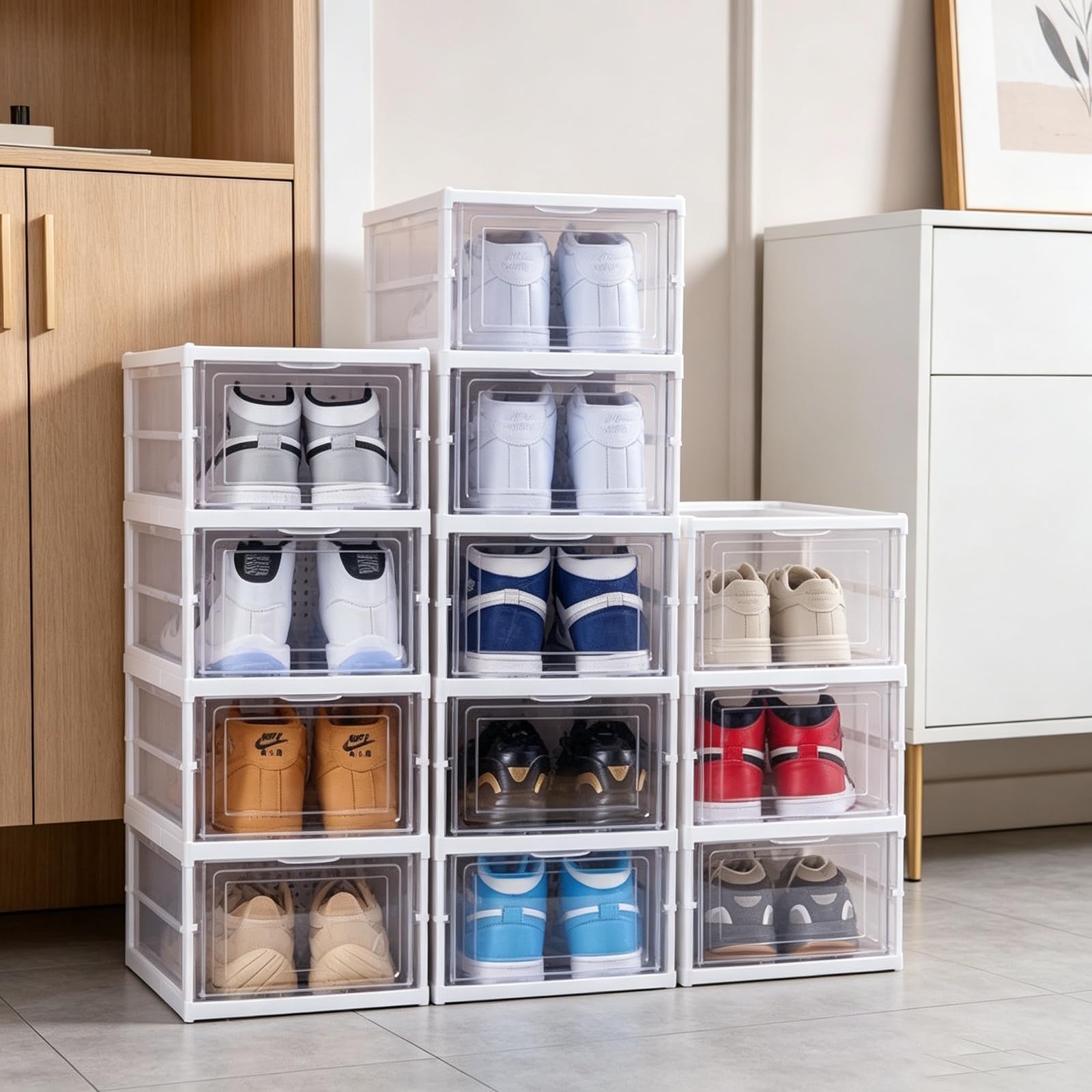TYNGBT Minimalist Foldable Clear Shoe Box, Stackable Storage Organizer for Apartment and Rental Home