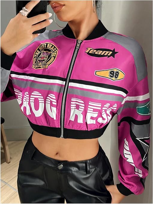Floerns Women's Letter Print Bomber Jacket Long Sleeve Motorcycle