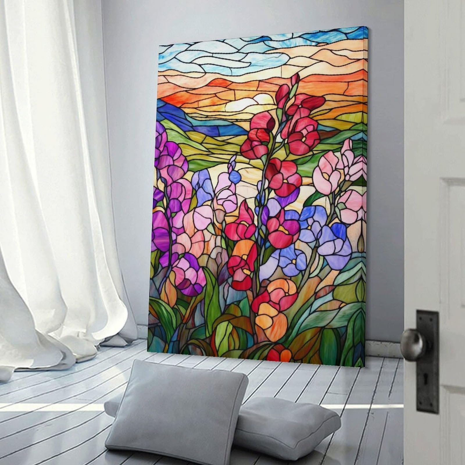 Junmoney Stained Glass Sunset Flowers Canvas Wall Art, 20x30inch(50x75cm), for Wall Displays, Bedrooms Or Room Updates, Ideal for Building A Coordinated Art Wall
