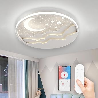 LED Ceiling Light Kids, Dimmable Kindergarten Ceiling Lamp, Moon and Stars Cartoon Ceiling Light, for Girls Boy Bedroom [Energy Class F]