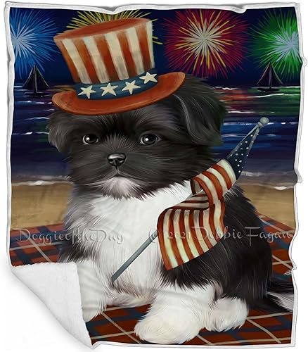 4th of July Fireworks Shih Tzu Dog Blanket - Lightweight Soft Cozy and Durable Bed Blanket - Animal Theme Fuzzy Blanket for Sofa Bed Couch