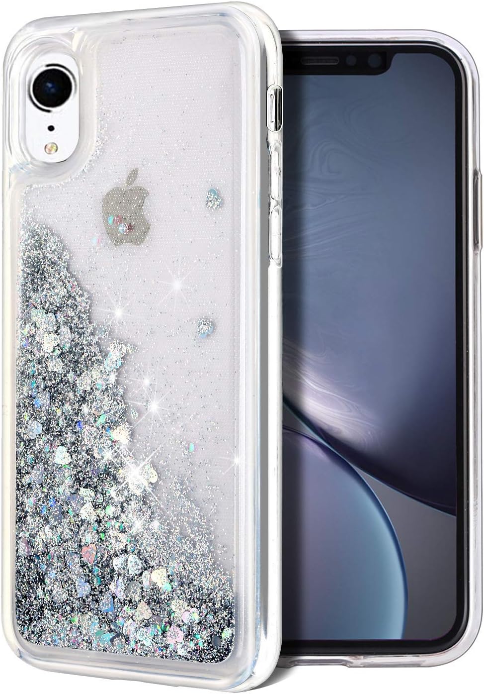 for iPhone XR Case, Double Layer Design Bling Flowing Liquid Floating Sparkle Colorful Glitter Waterfall TPU Protective Phone Case, Silver