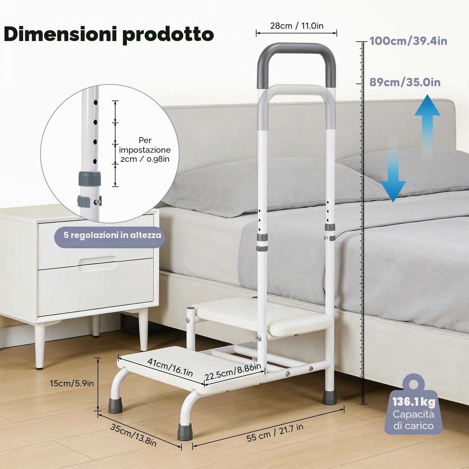 Sgabello con Gradino con Maniglia - Gradino di Sicurezza Mobile con Bracciali Regolabili e Scale Antiscivolo a 2 Livelli, Fino a 135kg, per Anziani e Disabili e Bambini, Letto, Vasca
