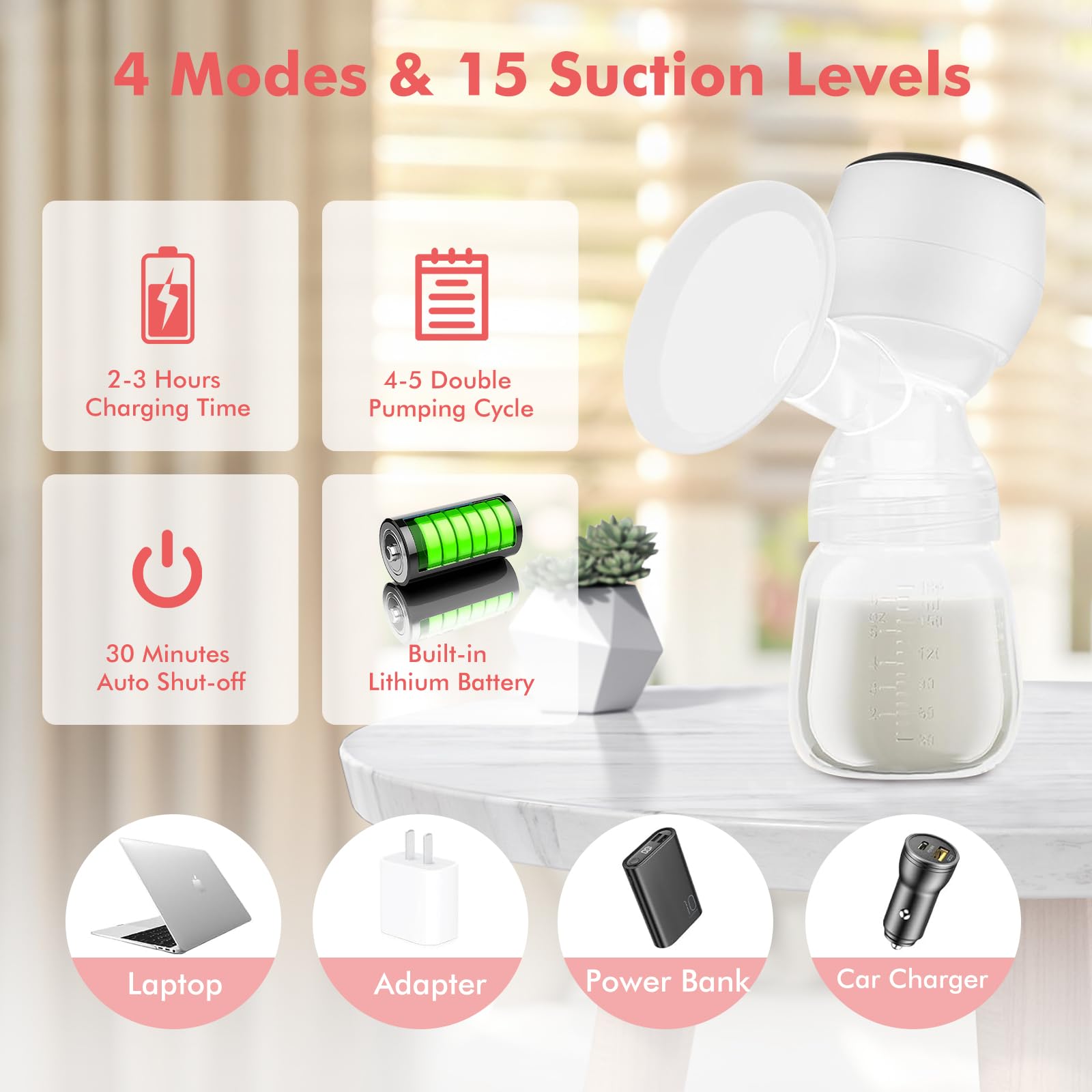 Tiralatte Elettrico, Tiralatte Mani Libere Con Display Lcd, 4 Modalità E 15 Livelli, Tiralatte In Silicone Silenzioso E Indolore, Per Casa E In Viaggio Con Biberon Da 180 Ml, Tettarella