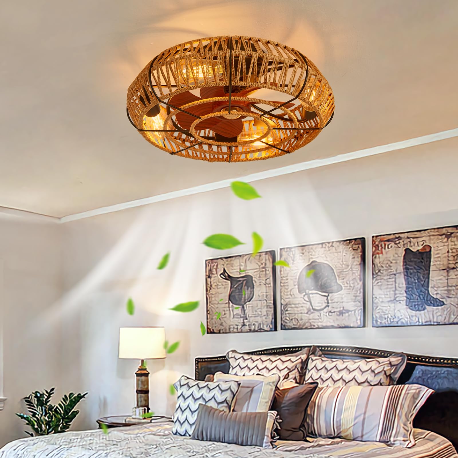 Yfoucnd I Light Ceiling Fans With S And Remote Control Vintage Industrial Caged Fan Ceiling Reversible 6 Speeds Silent Handwoven Ceiling Fans With Lamps For Bedroom Living Room Farmhouse-A