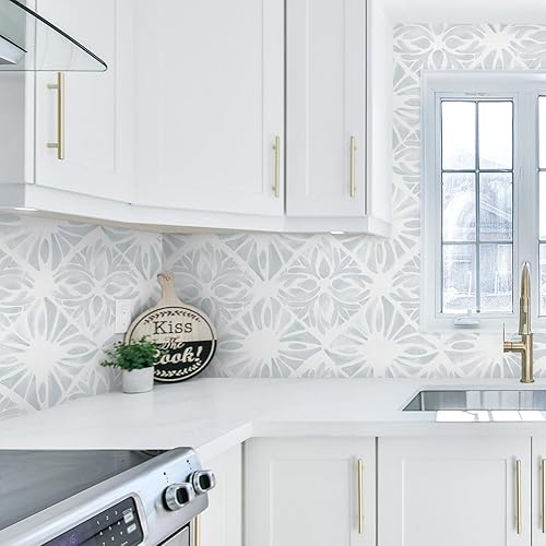 Miniatura 4 de Papel tapiz geométrico para despegar y pegar, bohemio, 78.7 x 17.3 pulgadas, blanco y azul, papel de contacto blanco, papel de pared extraíble para