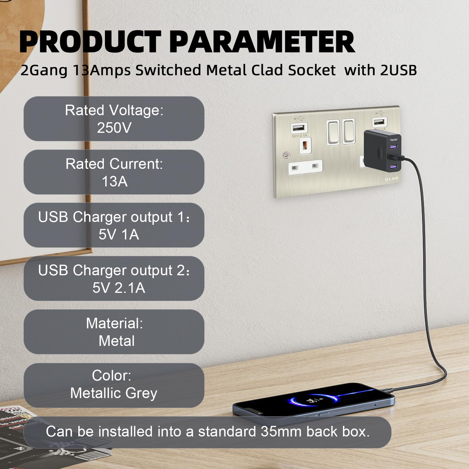 L LVE USB Switched Electric Outlet, Metal Clad 2Gang 13A Wall Socket with 2USB Port,Polished Brass,146mm*86mm - Image 4