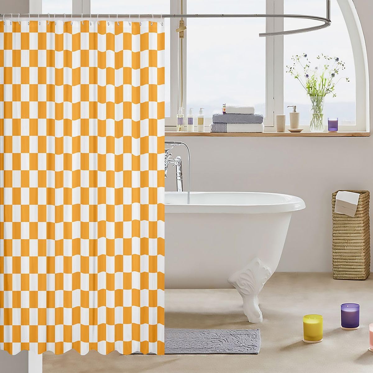 Feelyou Yellow Checkered Shower Curtain Geometric Print Bath Curtain Fashion Simple Bathroom Waterproof Accessories with 12 Hooks Modern Art Waterproof Polyester,72x72 Inches image 3