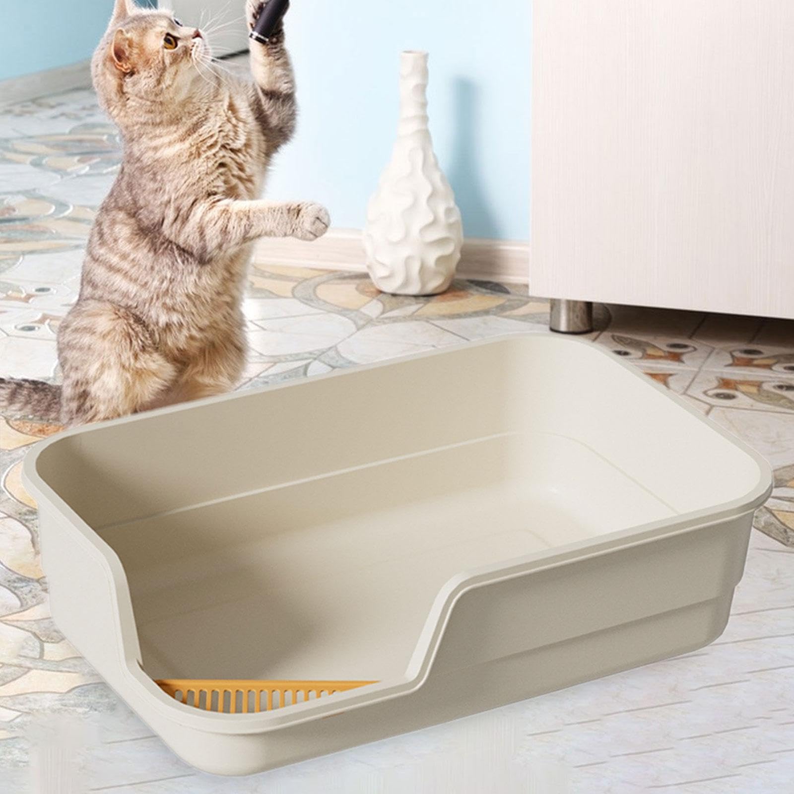 Bandeja de Arena para Gatos con Tapa Abierta, Inodoro para Gatos, Arenero de Gran Tamaño con Laterales Altos, Contenedor de Arena Pa, Blanco