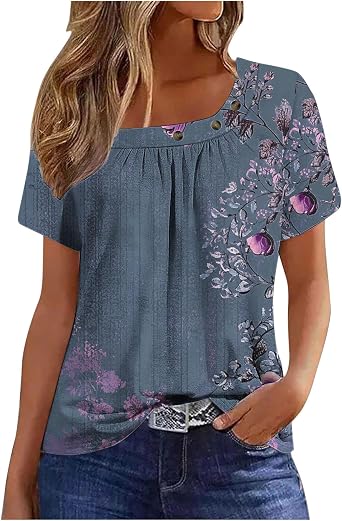 Summer Boho Peasant Shirts for Women Square Neck Pleated Blouse Short Sleeve Lace Trim Casual Loose Fit Tunic Tops