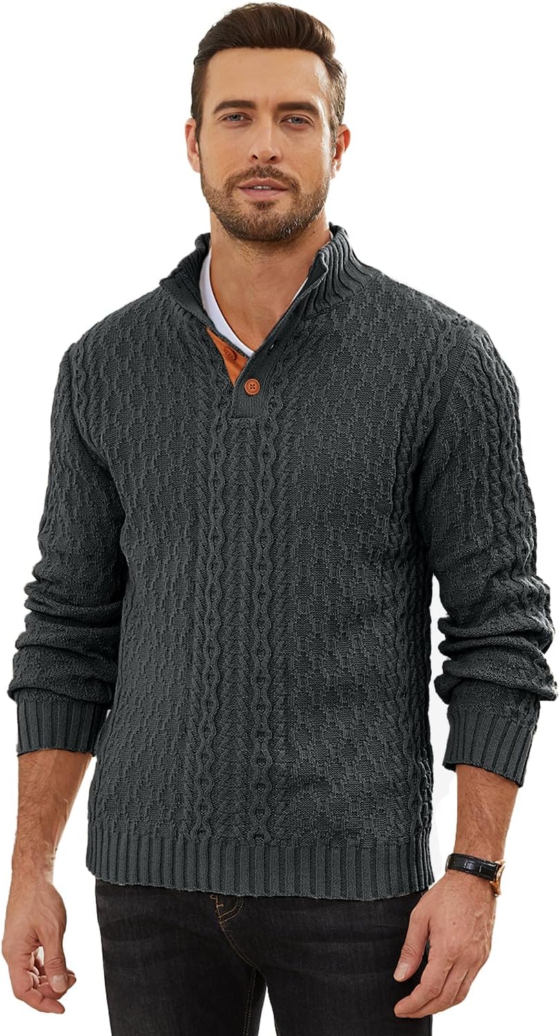 Mens Cable Knit Pullover Sweater Casual Long Sleeve Stand Collar Quarter Button Knitted Sweaters - Image 6