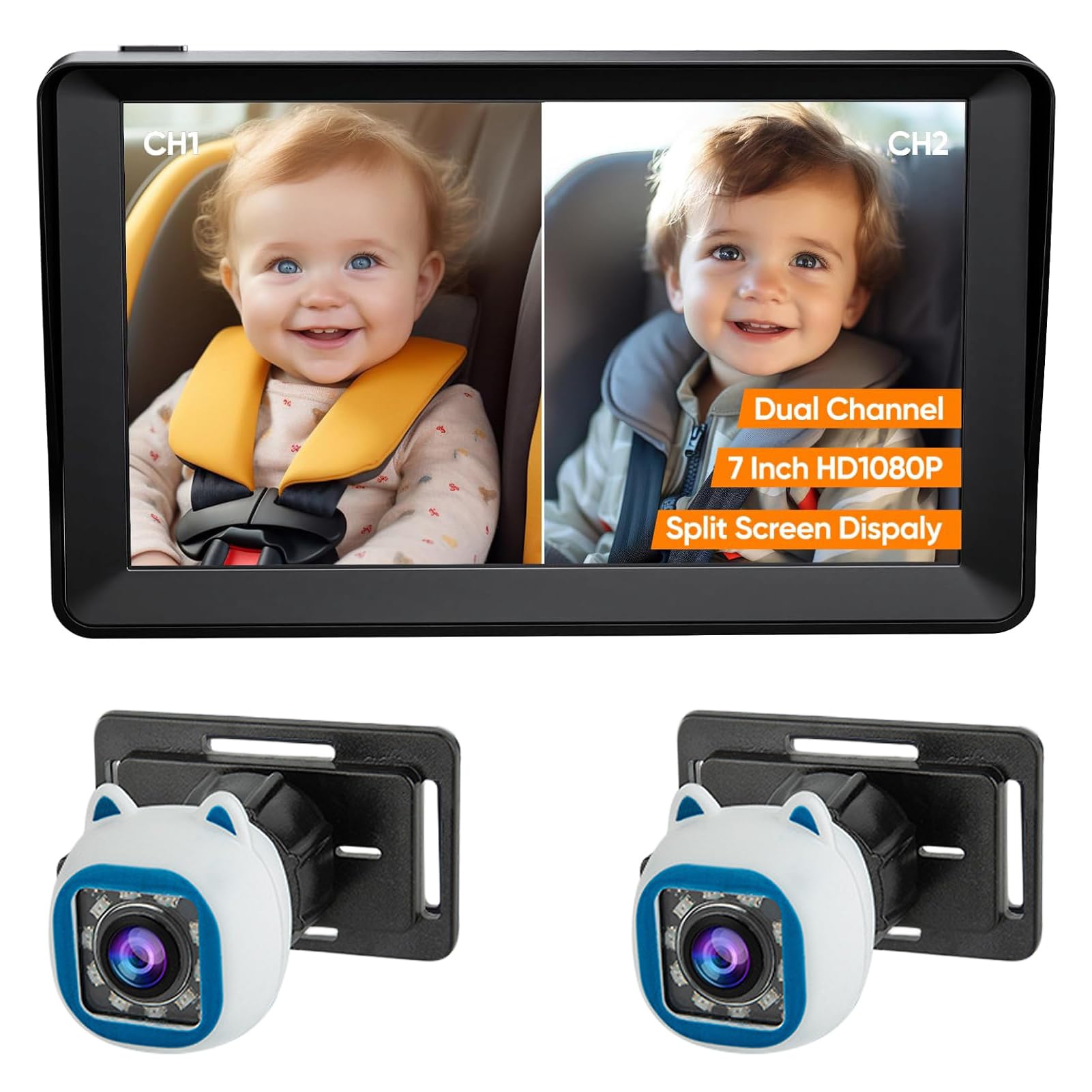 Cámara de Espejo para Automóvil para bebé de 7 Pulgadas, Pantalla IPS HD de 1080P con Rotación de 360 ​​Grados, Visión Gran Angular de 150 y Visión Nocturna, para Monitor de (Azul y Blanco)