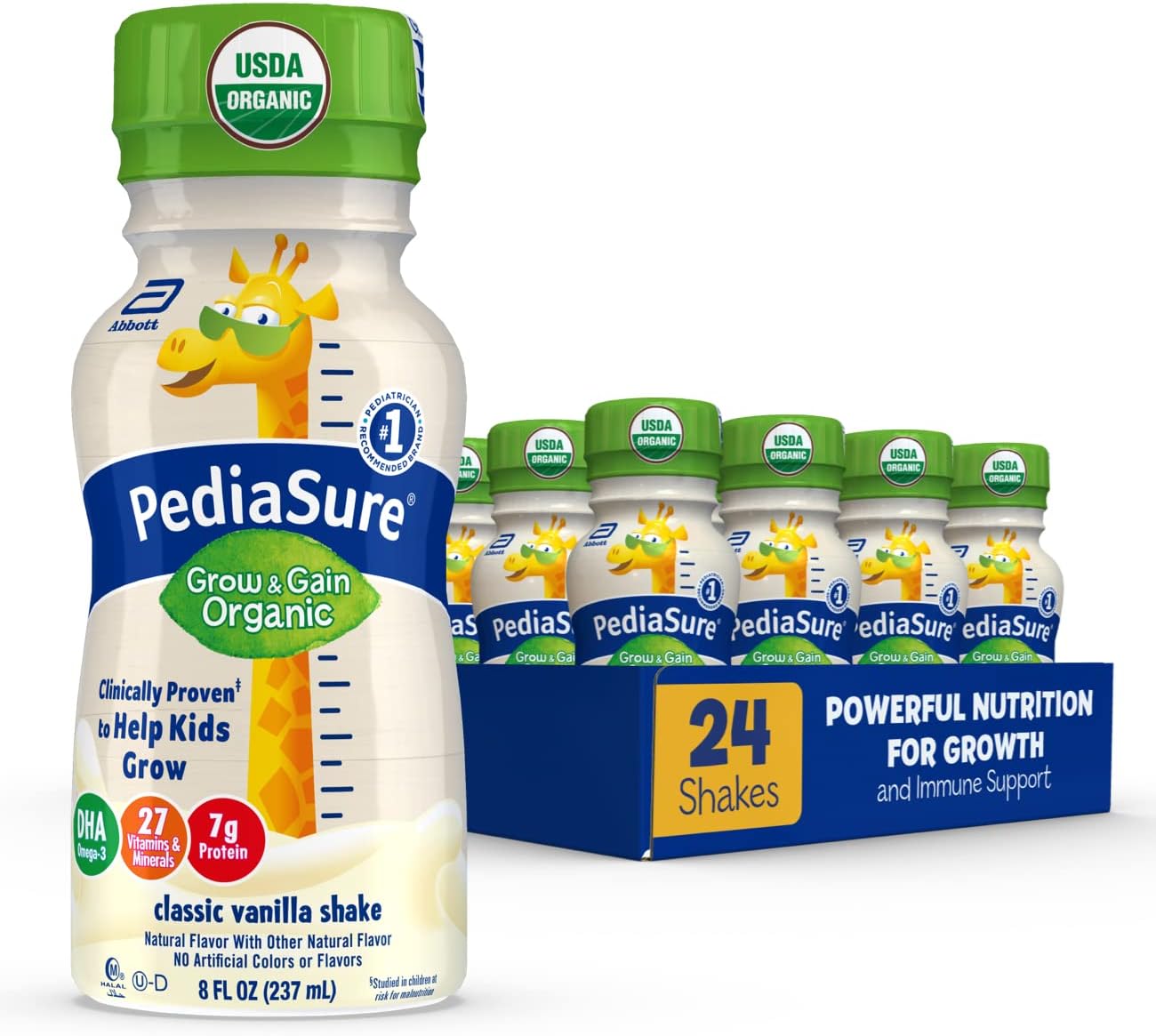 Pediasure PediaSure Organic Kid's Nutrition Shake, Non-GMO, No Artificial Flavors or Colors, No Artificial Growth Hormones, 7g Protein, 32mg DHA Omega-3, 8, 24 Count, Vanilla (Pack of 24) 192 Fl Oz