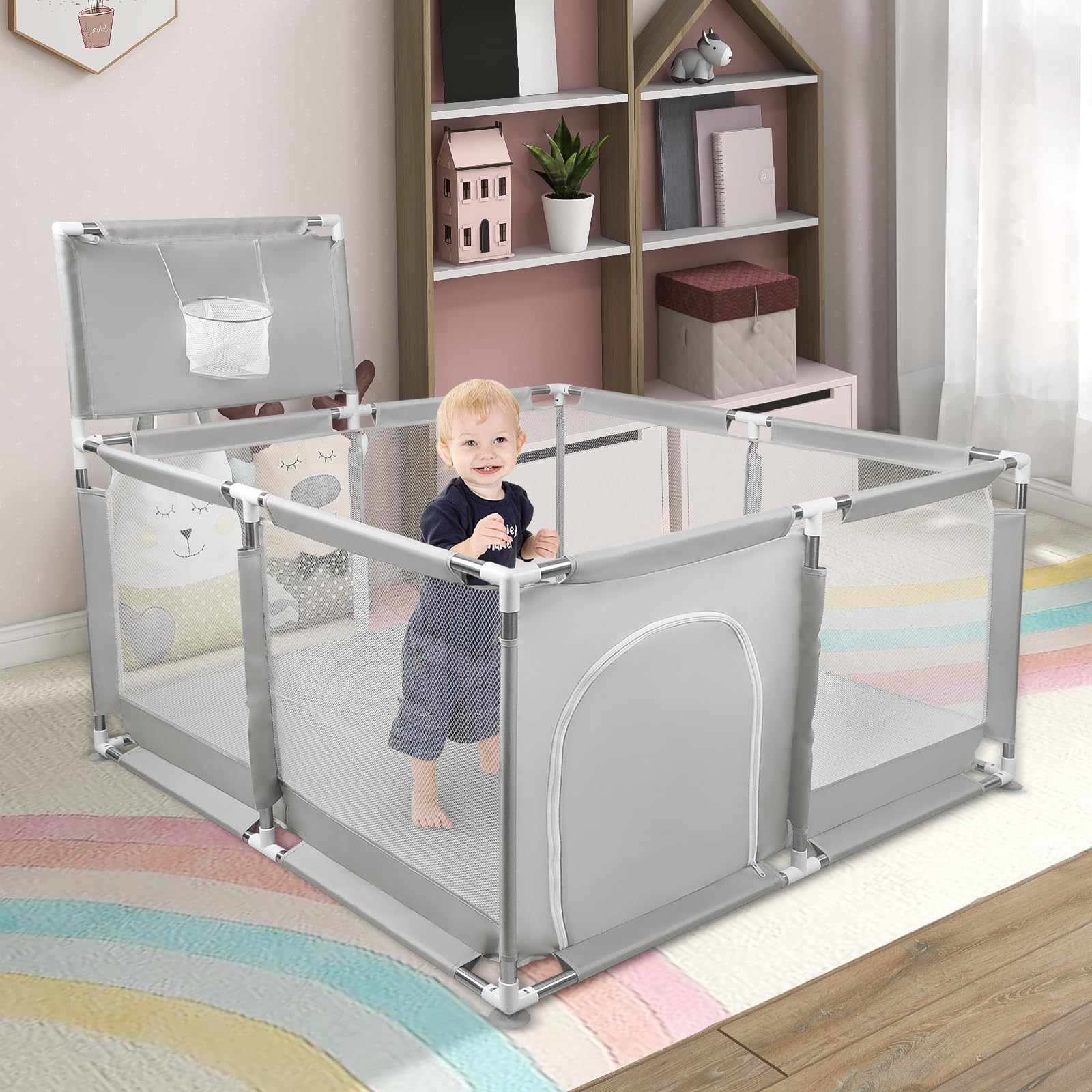 Parc Bebe, Parc Bébé Avec Tapis, Parc Bébé en Tissu Oxford, Petit Parc Enfant avec Barrières, Parc De Jeux Bébé pour Appartement Avec Balle-126 * 126 * 66 cm-gris clair