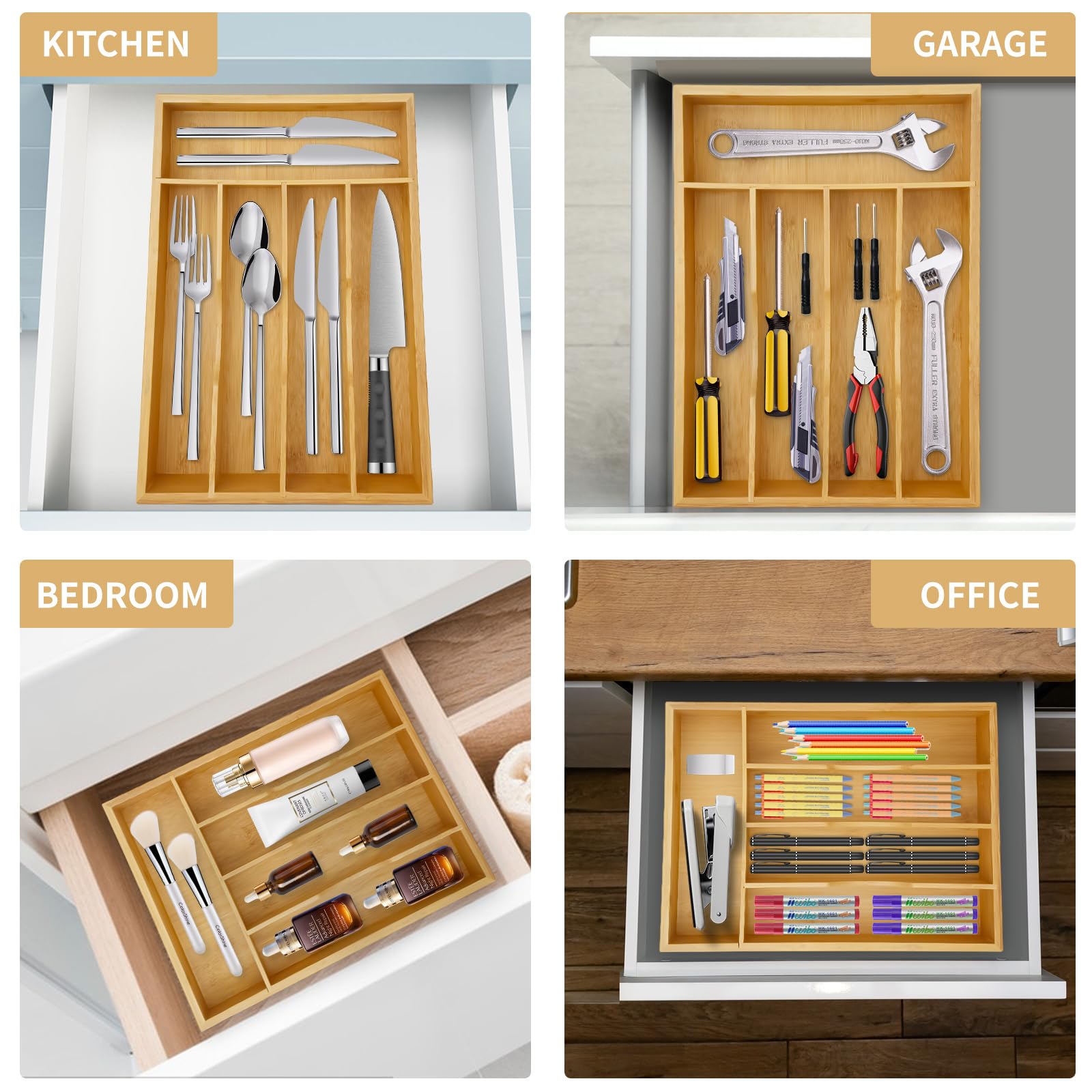 lBamboo - Organizador de cubiertos para cajón, organizador de utensilios, soporte para cubiertos y bandeja de utensilios con separadores de cajones para cubiertos de cocina Orgazier