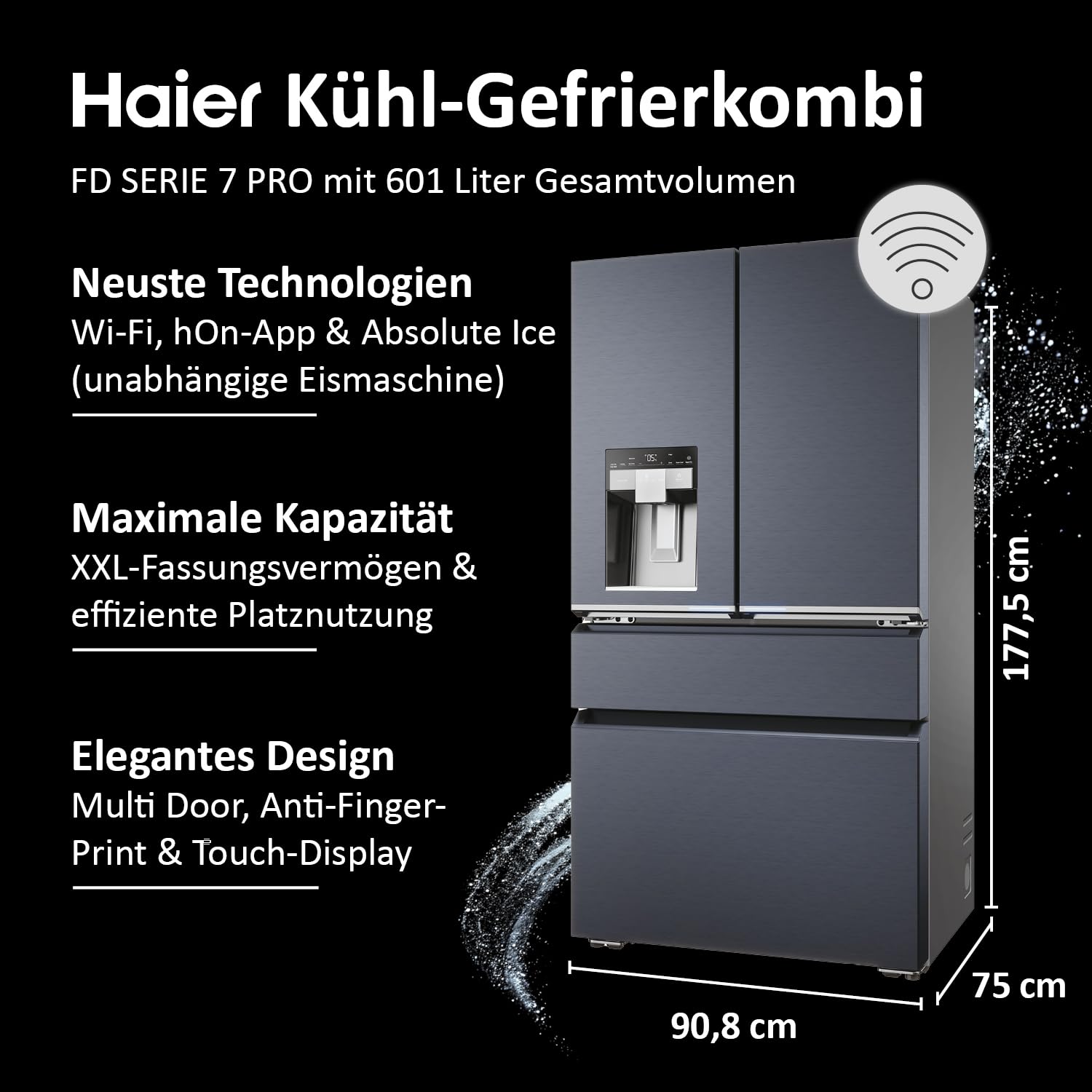 Haier French Door Kühl-Gefrierkombination I 91 cm Breite, 601 L I French Door Kühlschrank mit Eiswürfelspender, Wi-Fi & No Frost I Doppeltür Kühlschrank mit Gefrierfach I FD SERIE 7 PRO HFW7918EIMB