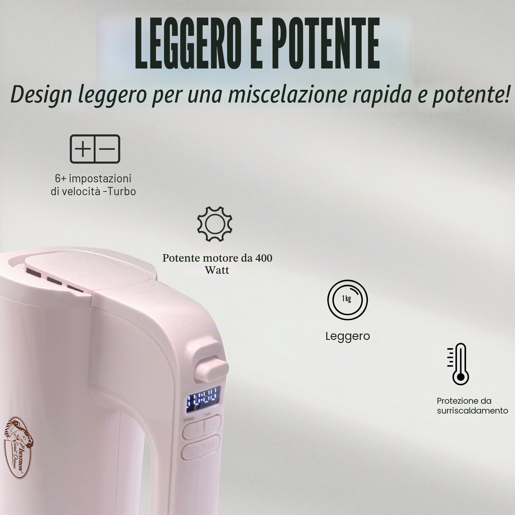 Bestron Power - Frullatore manuale a 6 livelli, funzione turbo e display LCD, con 2 fruste e 2 ganci per impastare, peso leggero di 1 kg, colore: Rosa
