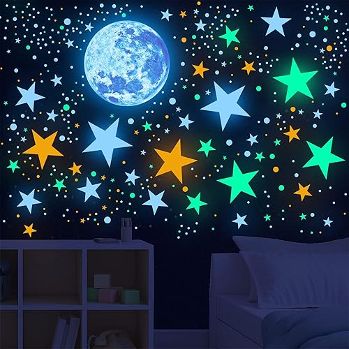 Calcomanía de pared para techo de estrellas y luna que brilla en la oscuridad, calcomanías de pared coloridas con galaxia para niños, niñas,