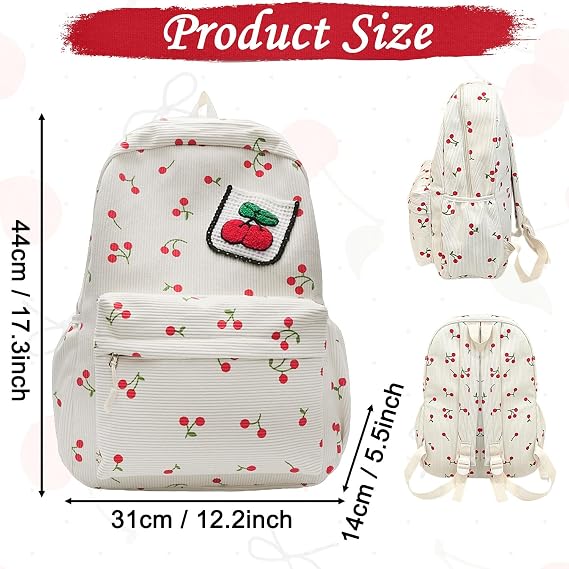 Cherry Corduroy Backpack, Large Capacity Cute Backpack, White Girls School Bag for School Travel Daily Use, Funny Cherry Gifts for Women Girls Teenagers and Children