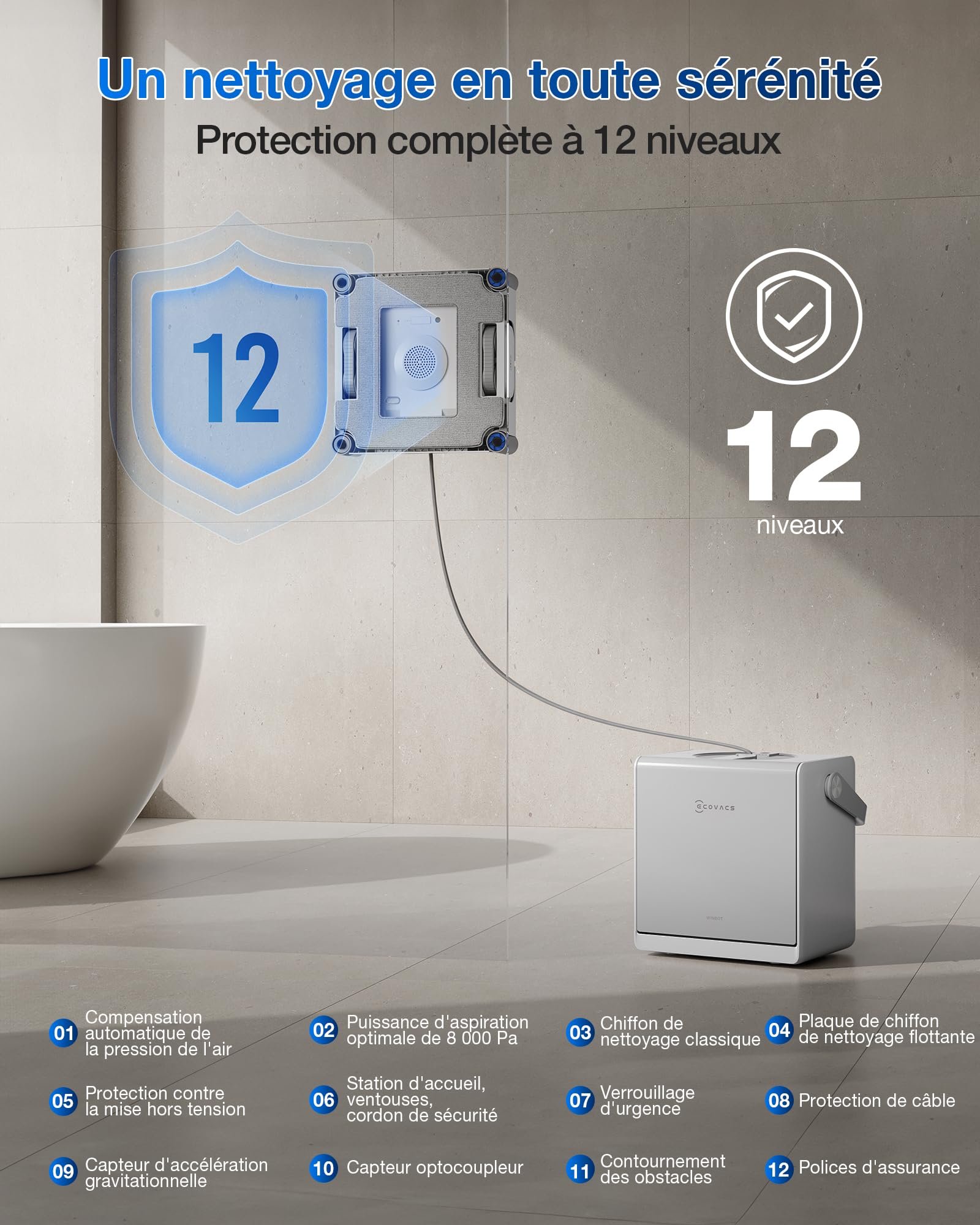 ECOVACS WINBOT W2S Omni Robot Nettoyeur de vitres avec Station, Nettoyage Intelligent Bord à Bord avec la TruEdge™, Charge en Fonctionnement, pulvérisateur d'eau 3 Jets, Protection 12 Niveaux