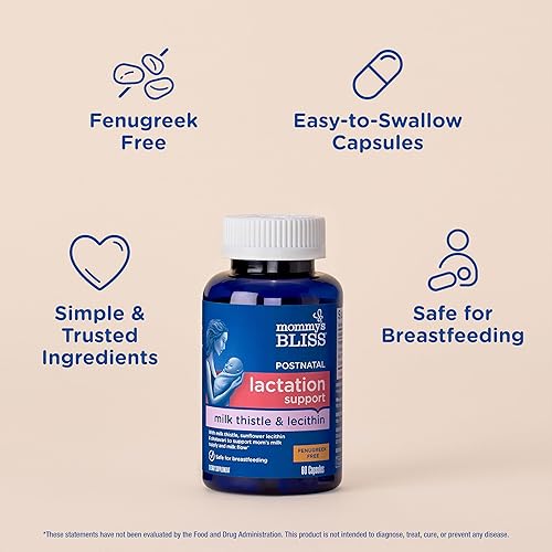 Miniatura 3 de Mommy's Bliss Soporte posnatal para lactancia, contiene cardo mariano, shatavari y lecitina, 1 botella (60 cápsulas)