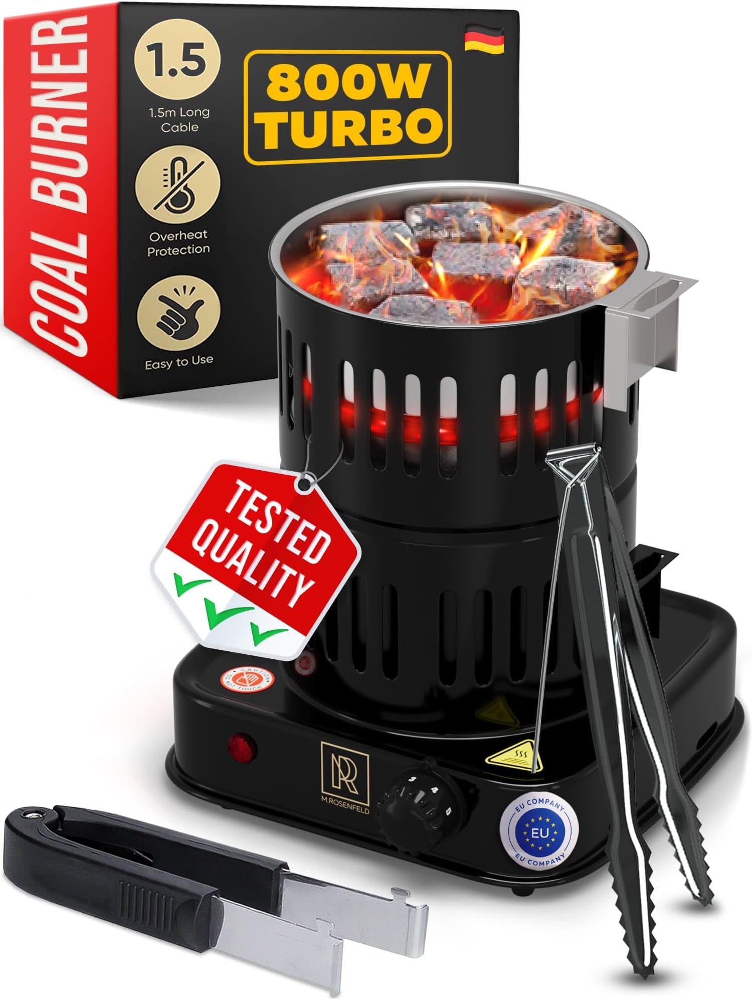 Multipurpose Electric Charcoal Starter - 800W Electric Charcoal Burner UL & STS Approved Electric Stove - Coconut Charcoal Lighters with Tongs - Hot Plate Electric - 304 Stainless Steel Coiled Burner