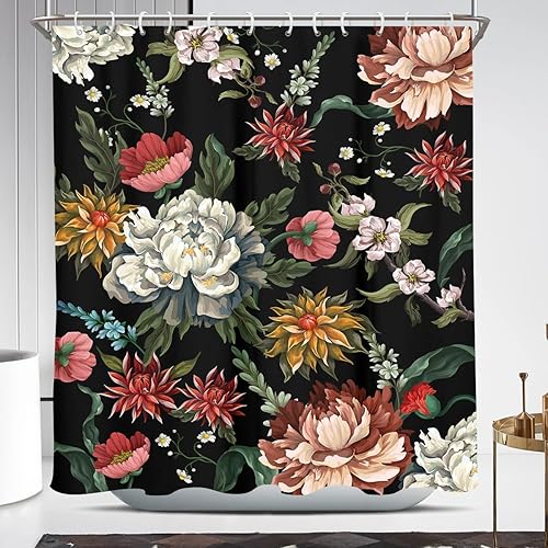 Coxila Cortina de ducha floral vintage bohemia negra con flores oscuras, acuarela bohemia, primavera, colorido, lindo arte, decorativo, flores,
