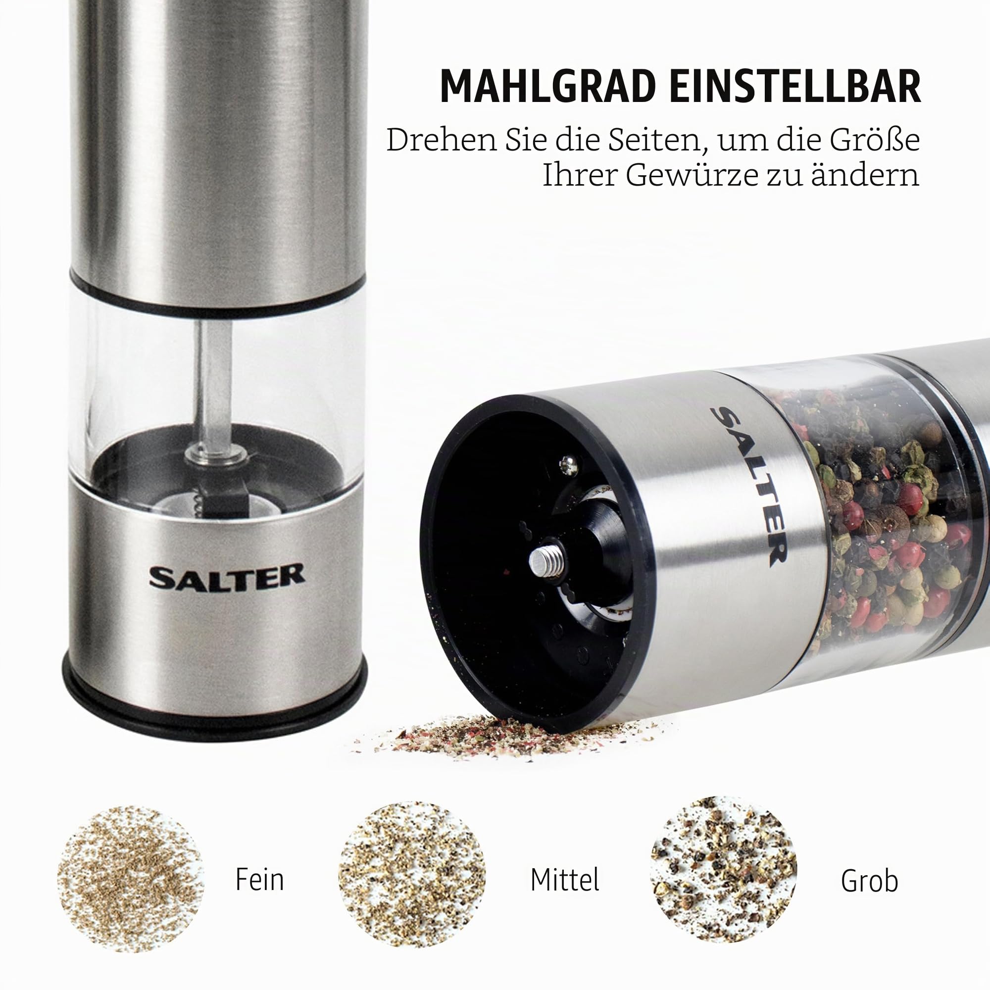 Salter Gewürzmühle Elektrisch 2er Set, Salz und Pfefferstreuer mit LED-Beleuchtung, Edelstahl Gewürzstreuer mit Einstellbarem Mahlwerk, BPA-Frei, 60g/30g Kapazität